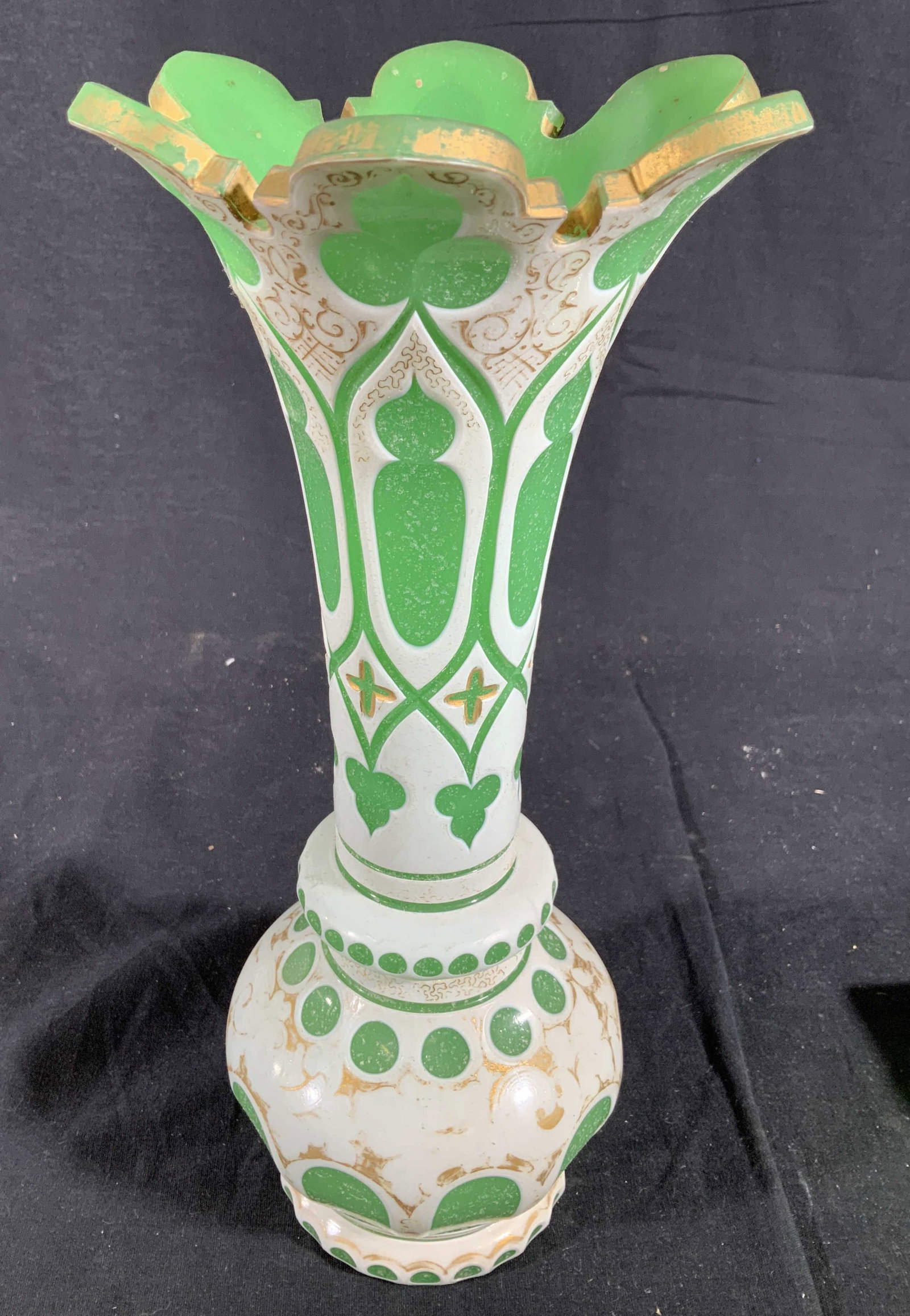 Green White Cut to Clear Bohemian Glass Vase: Measures ht app 12 inches, diameter app 5.5 inches, tableware, collectible antique glass