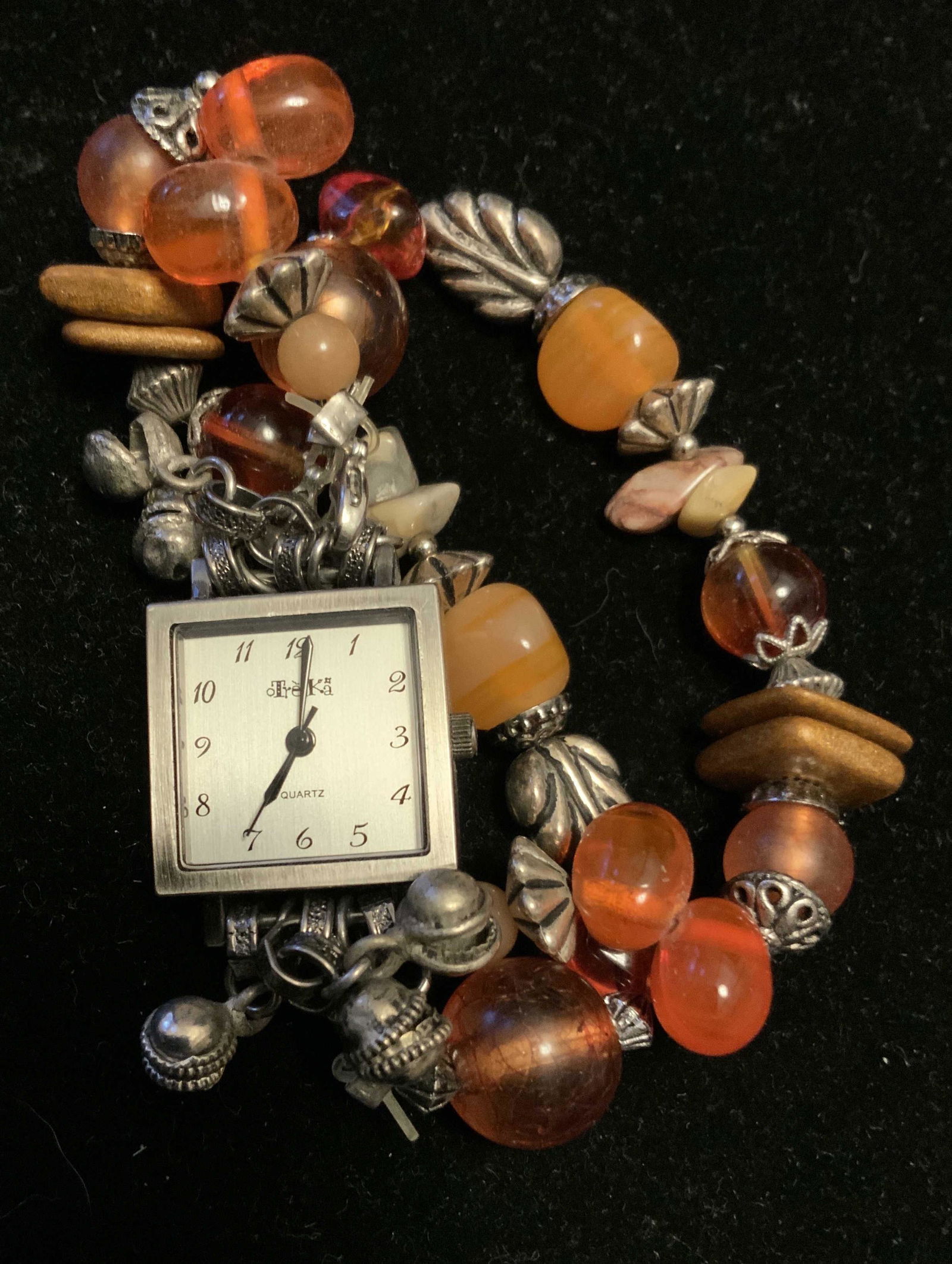 Group Vintage Ladies Wrist watches: Vintage watches jewelry, brands include Alto, Monet watch has polished stone Scarabs inset to gold toned oval links , Anne Klein pink leather , silver toned with Marcasite, Treka with bead bracelet, f