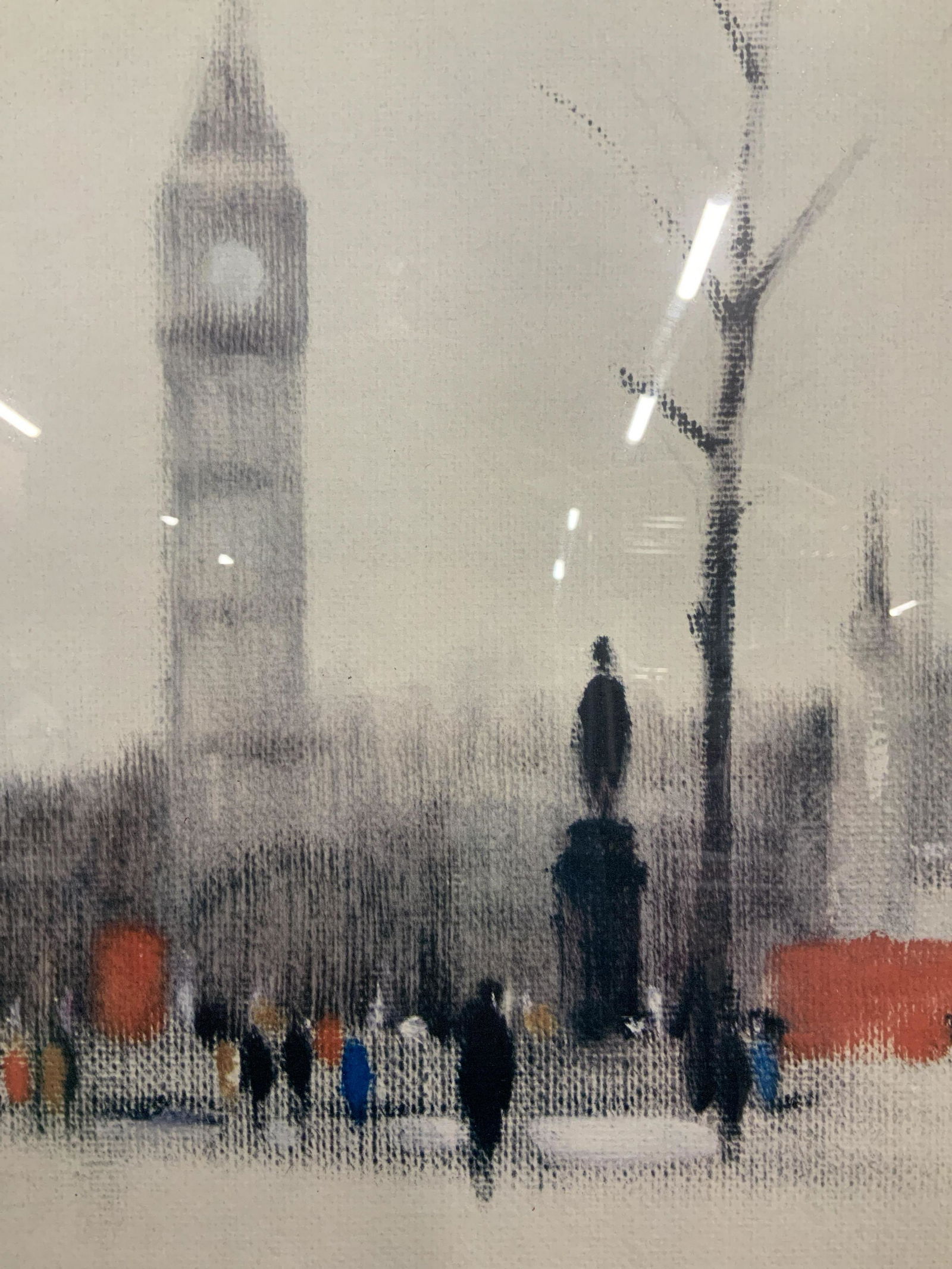 Digital Print of Painting by Anthony Klitz: Digital Print of Painting by Anthony Klitz, subject people walking the streets with Big Ben in the background, somber grayscale color palette with primary colored accents, signature printed in the low