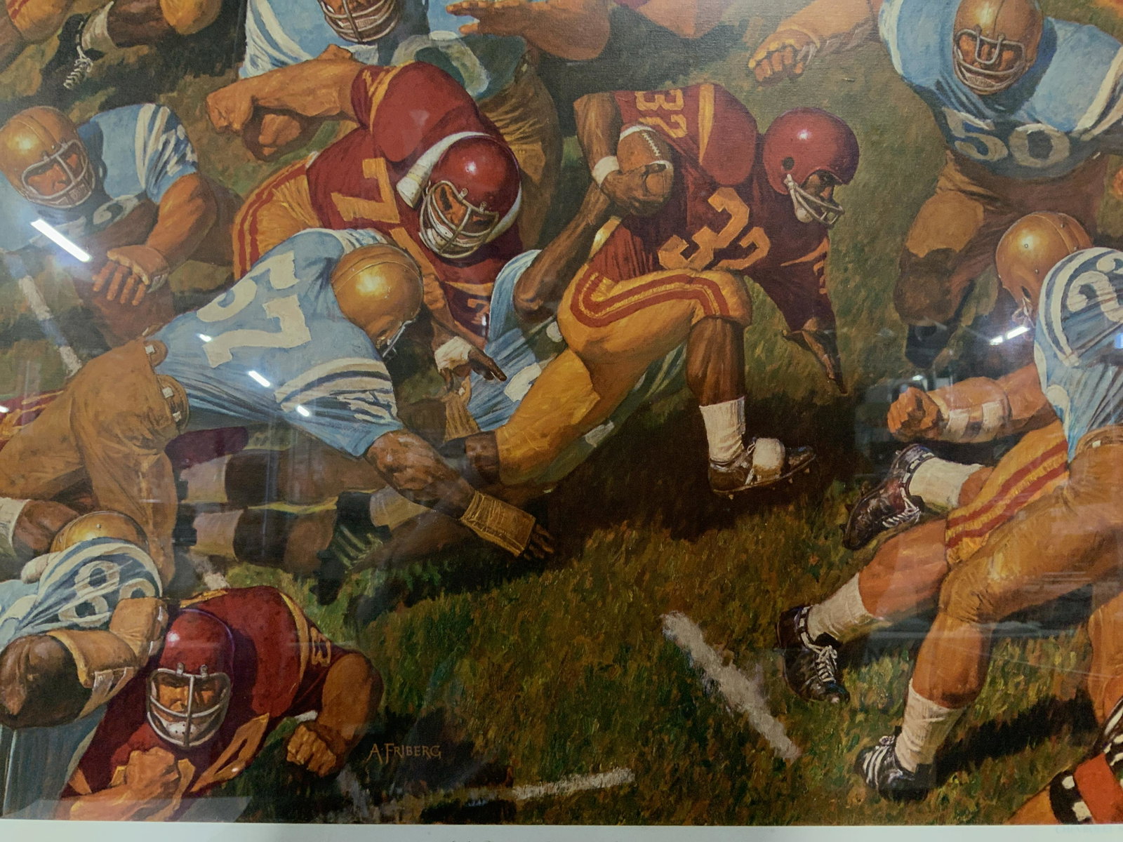 Print of Oil Painting of Football Players: Print of Oil Painting on poster board, subject depicts two teams clashing on a a football field, bright colorful earthy palette, title printed lower center reads ‘O.J. runs for Daylight- The Modern 