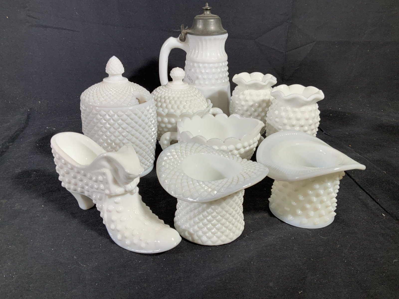 Group Lot Collectible Hob Nail Milk Glass: Assortment of Hob Nail Milk Glass tableware and decorative accessories, some vintage, some antique, tallest is syrup dispenser with pewter hinge, inside lip has chip measures ht app 7.5 inches. Collec