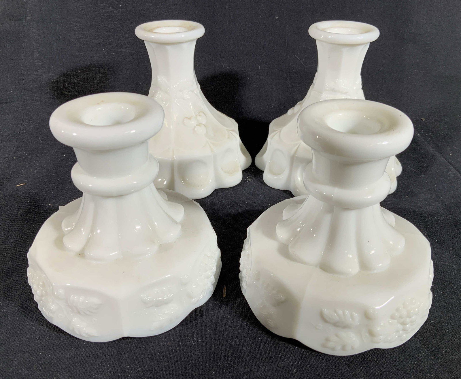 2 Pairs Collectible Milk Glass Candlesticks: Vintage poss antique candlesticks, milk glass, taller pair ht 5 inches, tableware, tabletop decor,