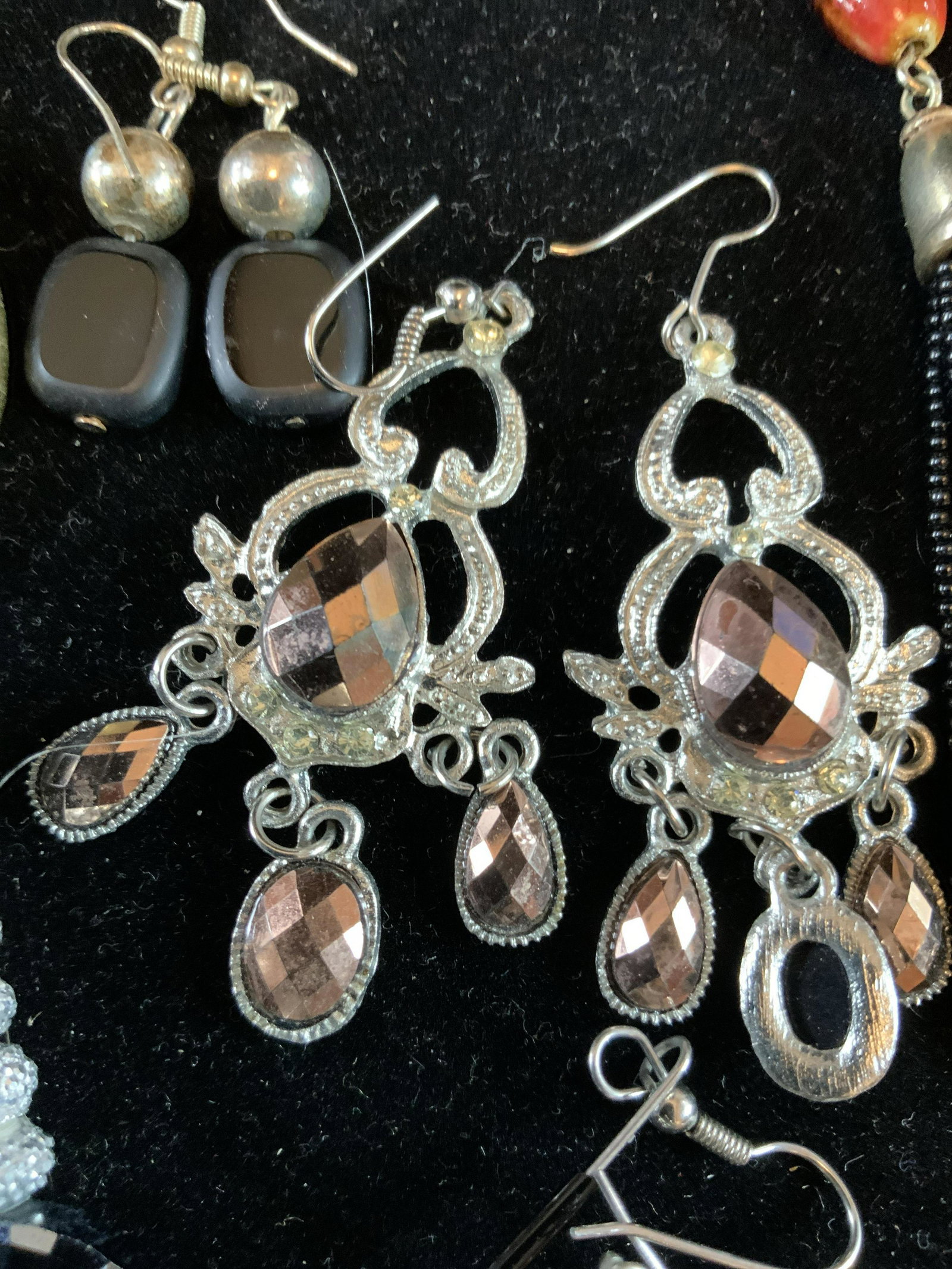 Group Lot Vintage Silver Toned Earrings: Estate jewelry, silver toned earrings, arts and crafts earrings measure app 4 inches length, rhinestone dangles, Marcasite, tassel earrings, wrapped stone, hoops and more, Ladies vintage estate costum