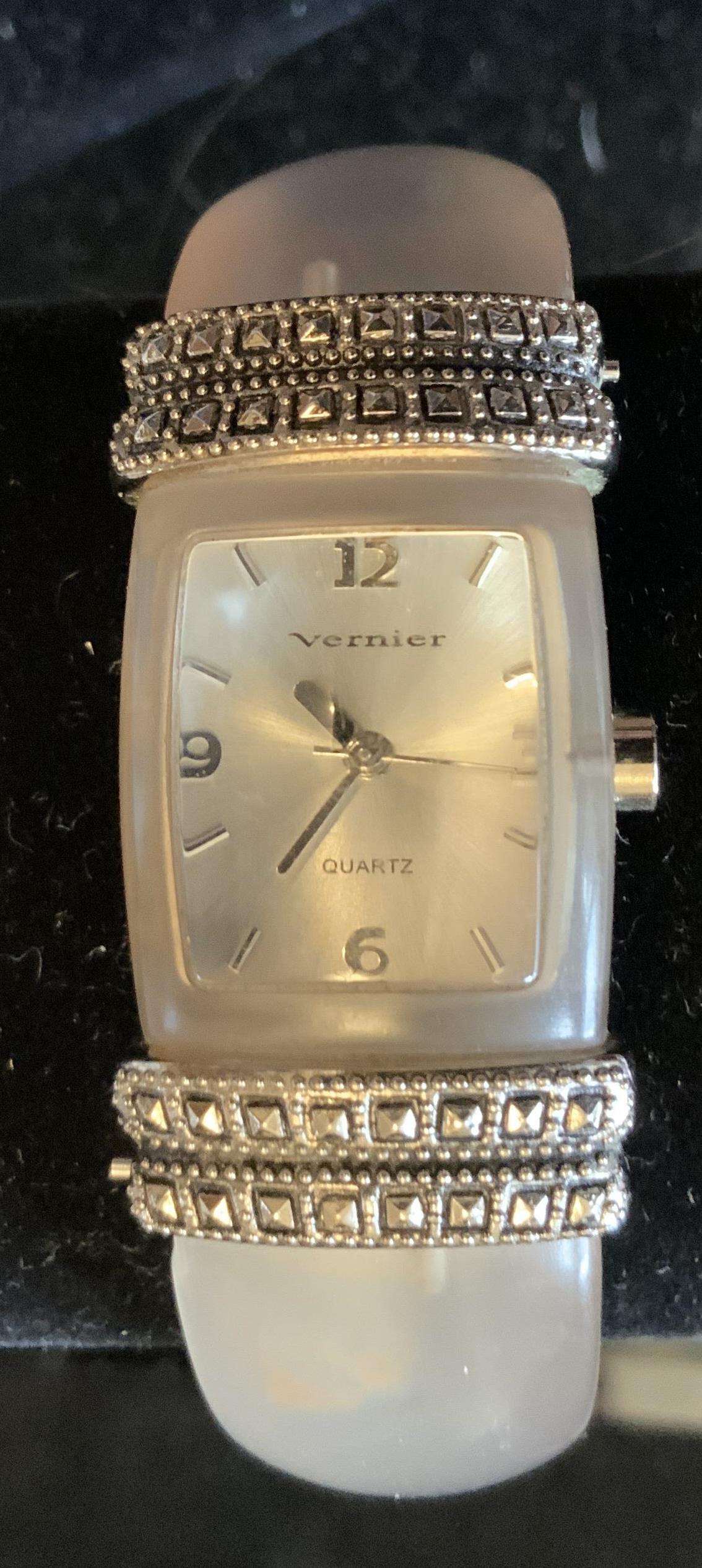 VERNIER Lucite Rhinestone Watch Bracelet: Vintage jewelry, vintage watch, labeled Vernier, cuff style bracelet with watch face, estate jewelry