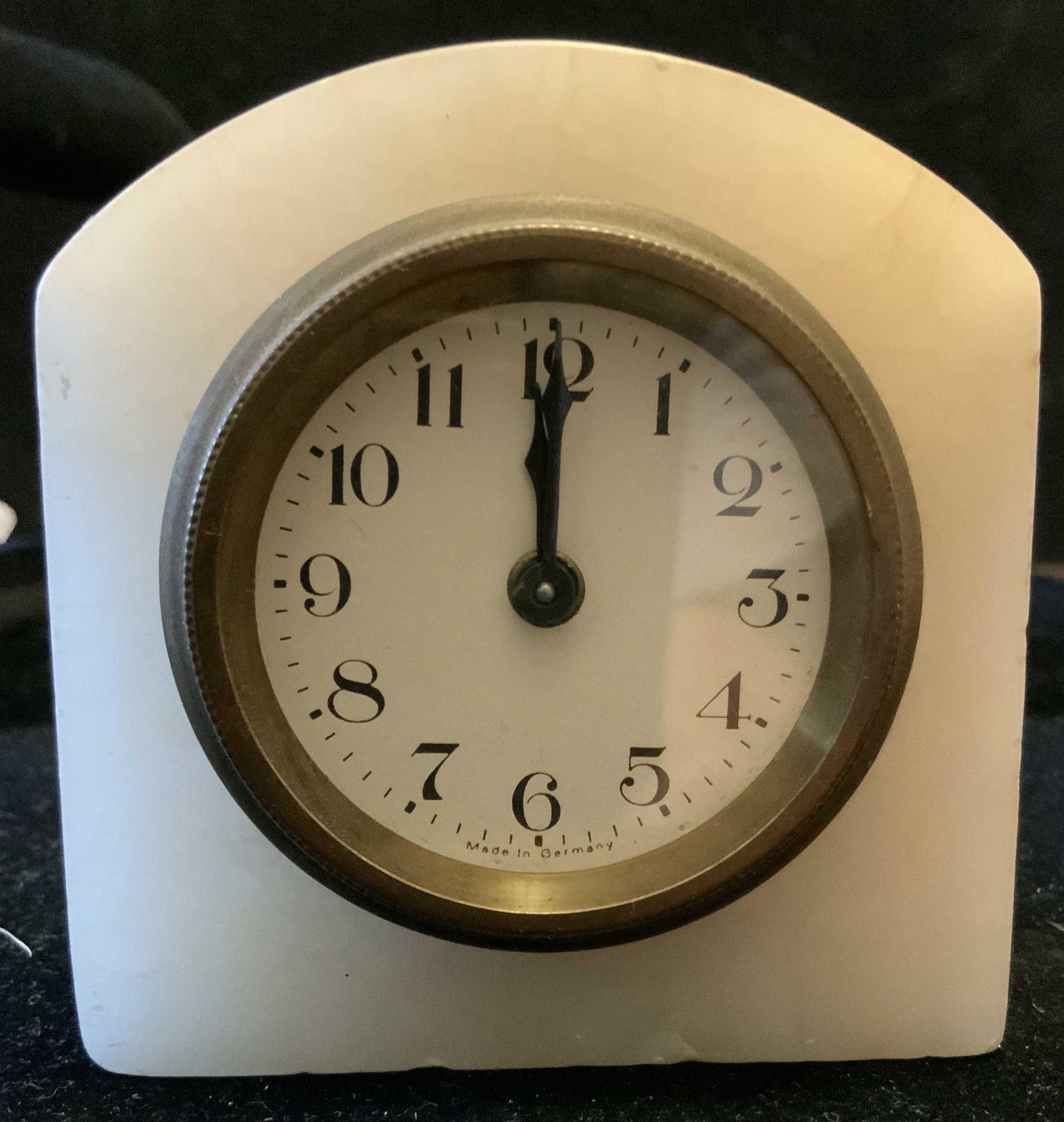 Stone Cased Vintage Alarm Clock: Dome topped, possibly marble or onyx, alarm clock, desk clock, tableware, tabletop decor, shelf piece, home decor, measures ht 3.5 by 3.5 by 2 inches
