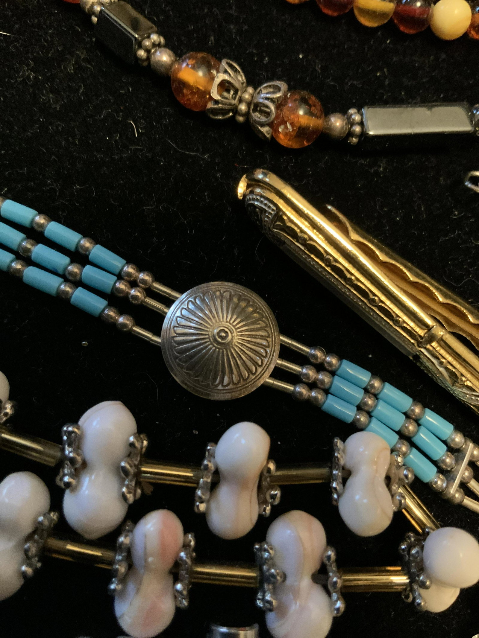 Group Lot Vintage Jewelry and Watches and more: Group lot of watches, fit bits, bracelets, tie clips, tie pins, necklace and more, brands include pulsar, Citizen, tide tech, pulse, citizen, Andre Bouchard, extra bands, credit card cases, business c