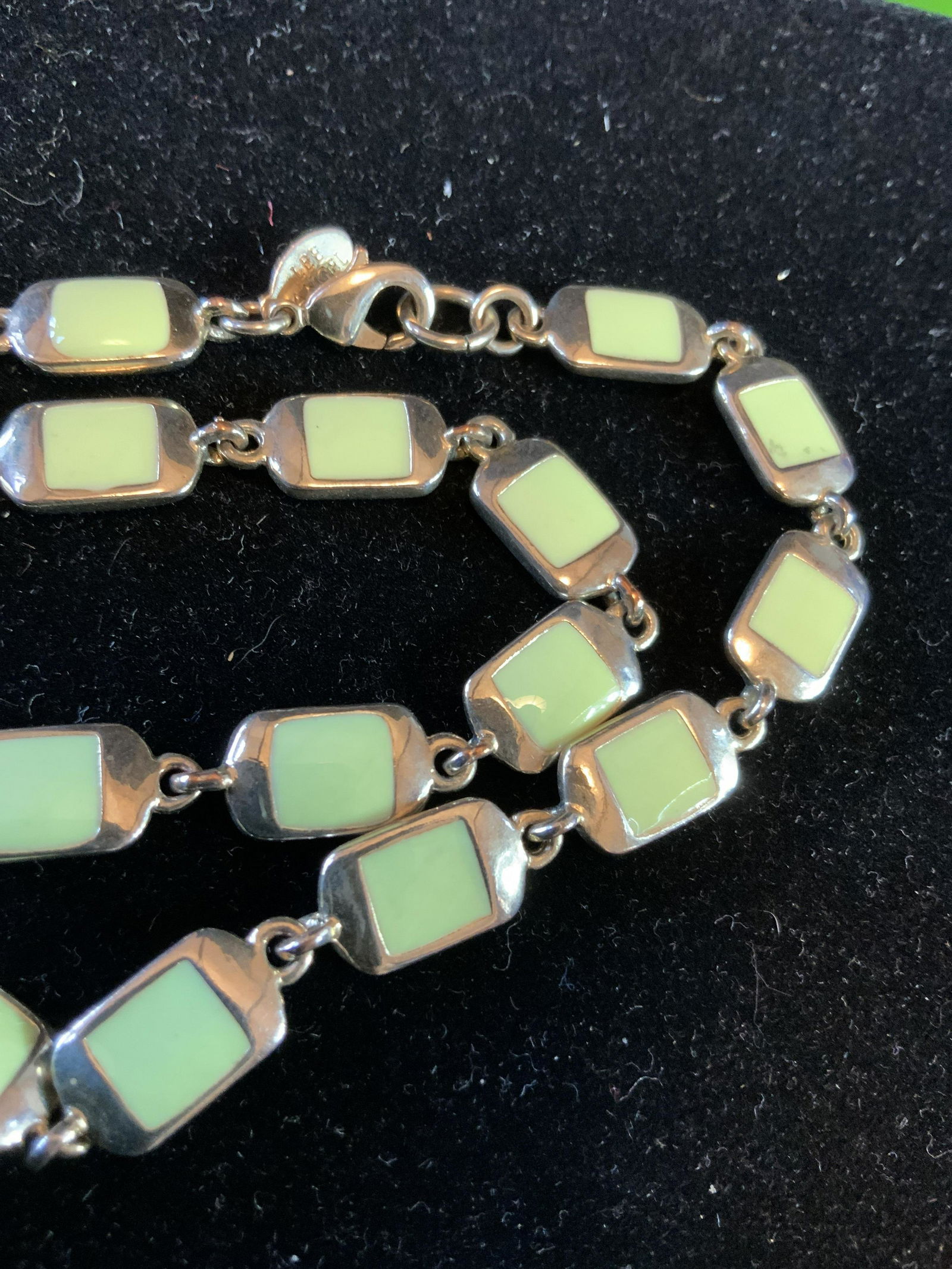 L22 ANGEL Signed Vintage Necklace: Silver toned chain link with lime green enamel center squares, vintage jewelry, estate jewelry, total drop app 18 inches, fashion jewelry, ladies vintage costume estate jewelry