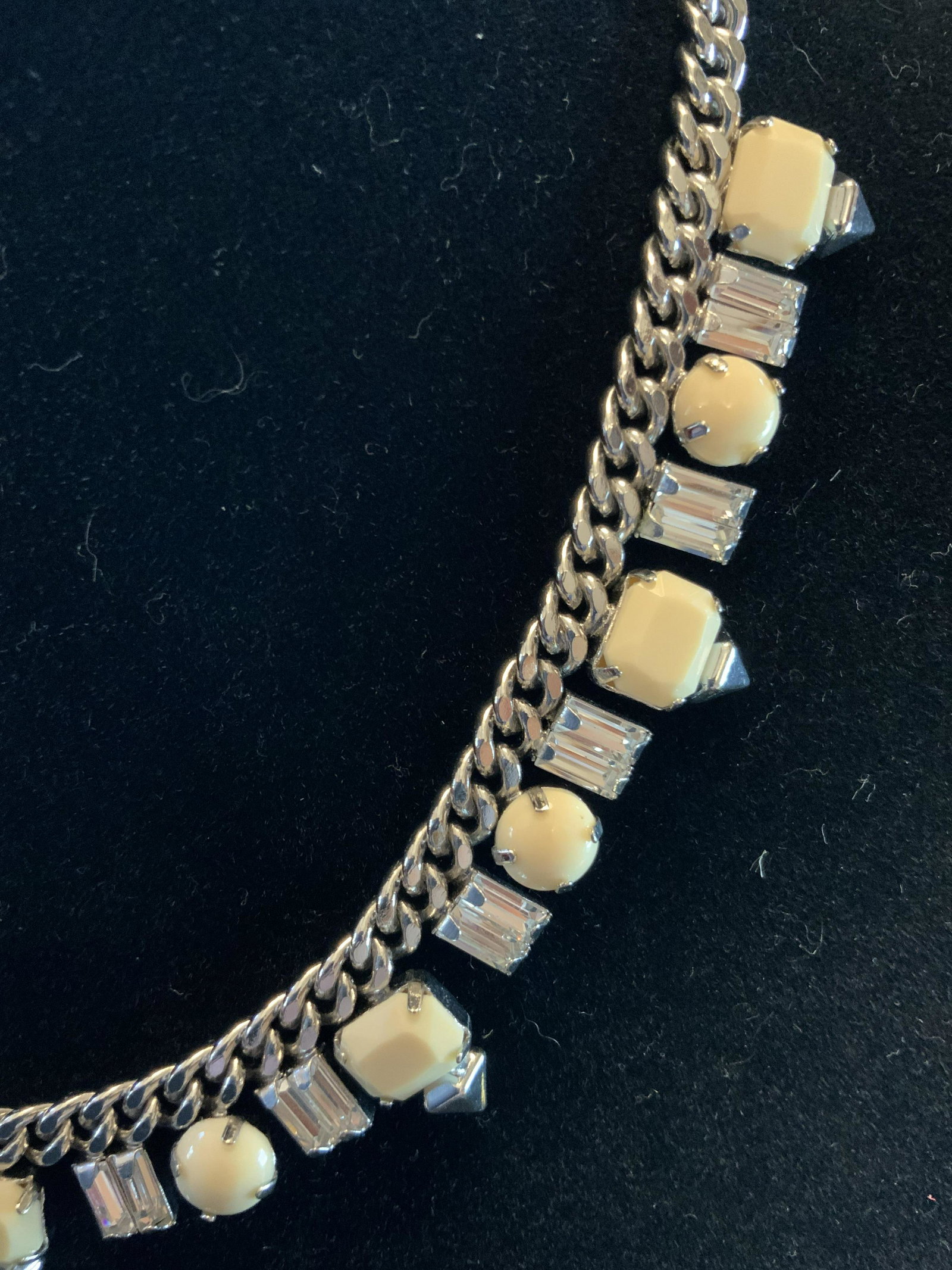 Juicy Couture Vintage Fashion Necklace: Silver toned Necklace with bead, and silver toned drops, toggle clasp, drop measures app 7 inches, ladies costume estate jewelry
