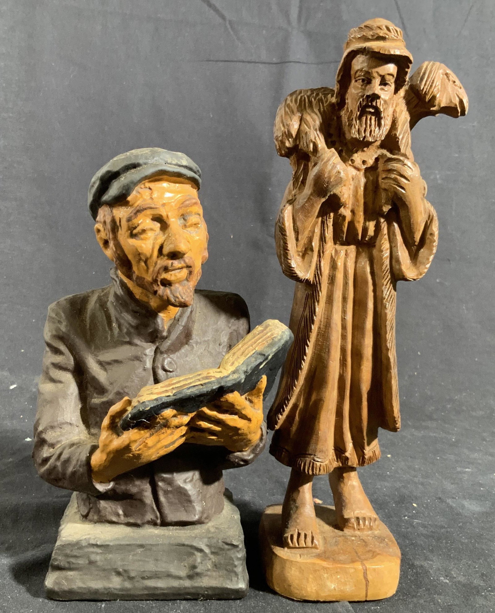 Lot 2 Judaica Sculpturals wood ceramic: One is gentleman studying book in a Hebrew writing torah Talmud or bible, second is wood carving of Moses carrying a lamb, taller measures htb10 inches, Israel arts and crafts, judaica, hebraica,ceram