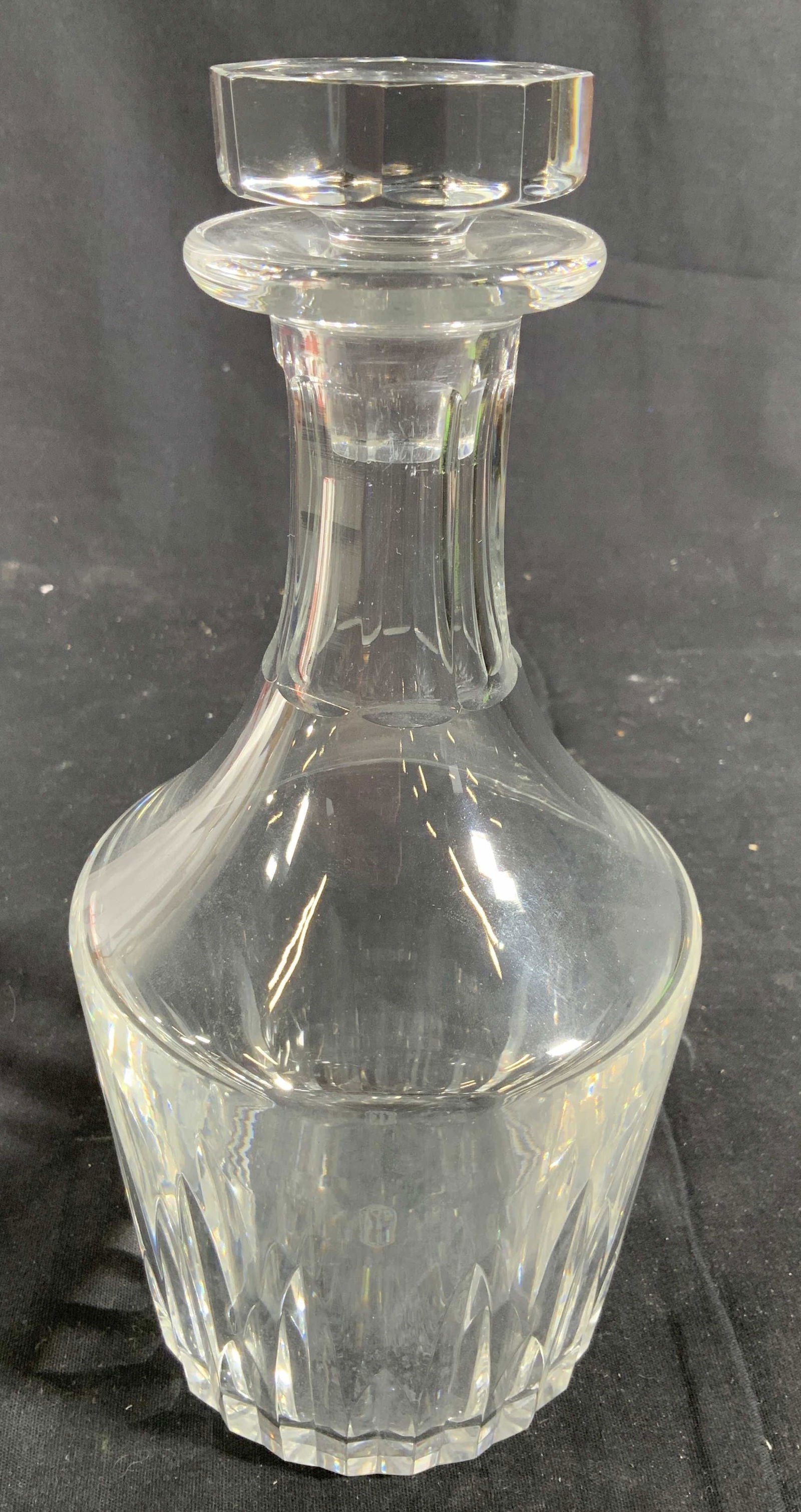 Baccarat Crystal Decanter , France: French crystal, luxury designer crystal, baccarat French crystal, decanter bar ware, table accessory, measures ht with stopper 10 inches , diameter app 5 inches