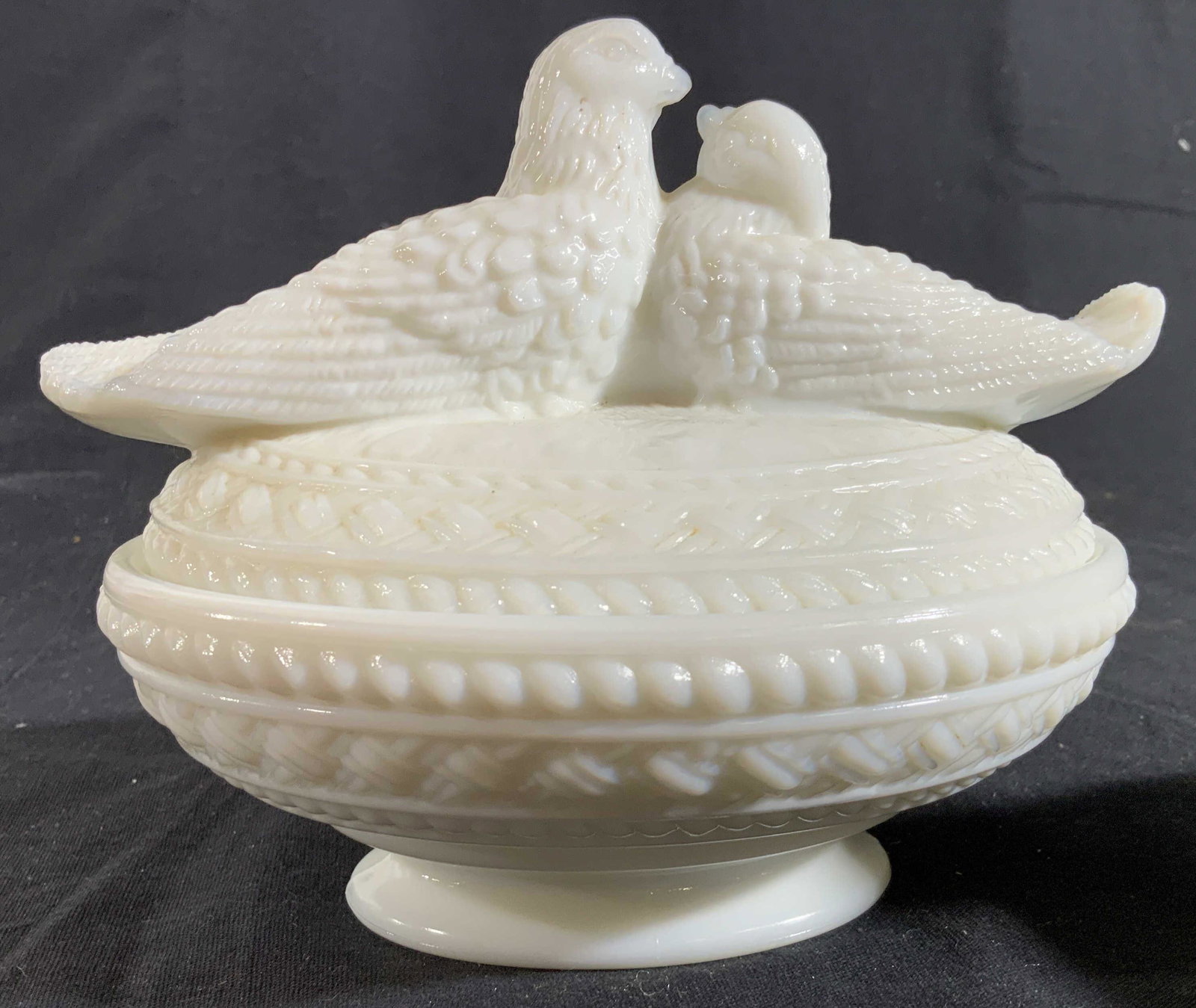 Pair Dove Topped Lidded Milk Glass Bowls: Lidded footed pair of bowls each with pair of dove Figurals, ht app 6 inches length 7 inches width 5.5 inches. Collectibles, tableware, tabletop decor, decorative arts and accessories, candy dishes.