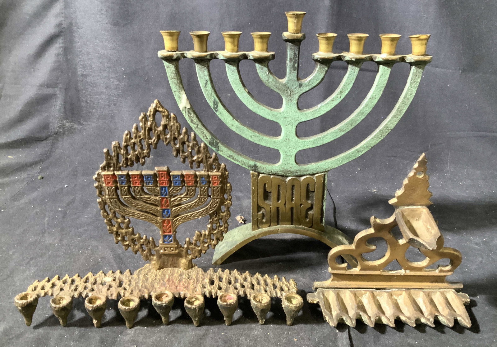 Lot 3 Mixed Metal Menorahs, Judaica: Made in Israel, Judaica, hebraica, Jewish ceremonial table ware, tallest measures ht 9 inches, 2 Signed, hand made