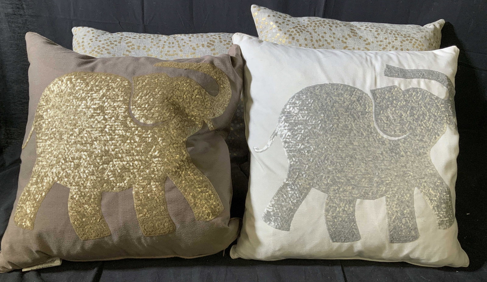 Group 4 Decorative Throw Pillows: Toss pillows, home decor, boho decor, decorative accessories, throw pillows, two with sequined elephants, coordinating two with gold silver dots, each measures app 18 inches square