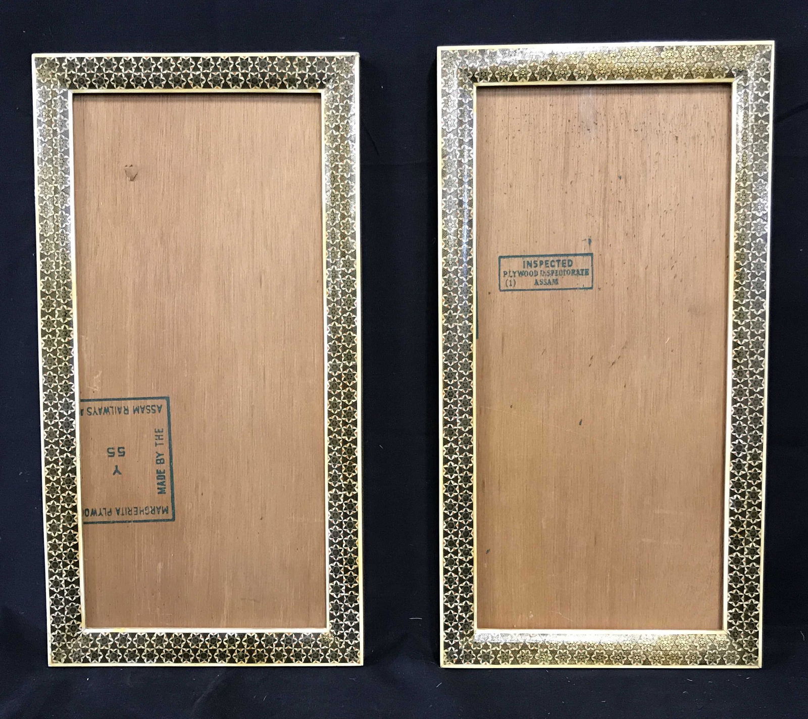 Pair of Polished Wood Mosaic style Frames: Pair of Polished wooden frames, possibly enamel as well, frames features a gold white and red star pattern and a wooden backing, there are no hooks or nails present to keep wood in place, no glass to