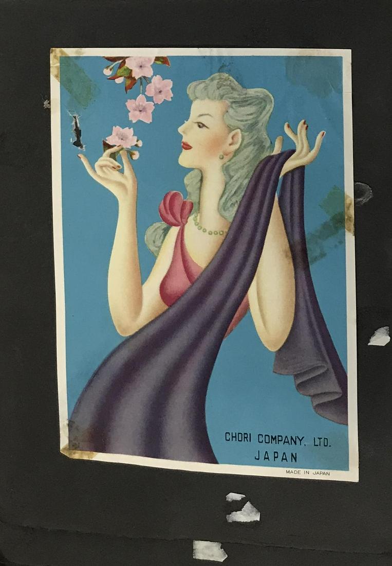 Scrapbook Collection of Vintage Ads and Brands: Vintage possibly antique collection of international brands and advertisements in a Asian style scrapbook, painted hardcover scrapbook in black red yellow and green, book bound together with black clo