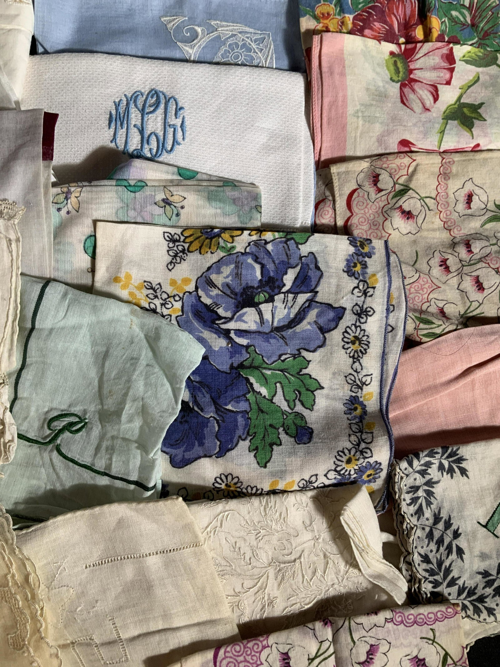 Collection Vintage Linen Cotton Handkerchiefs: Cotton, linen , some embroidered, tatted, colorful graphics and more, property of New York City Collection, collectible hankies, vintage linens, collectible linens, textile arts, hankies, handkerchief