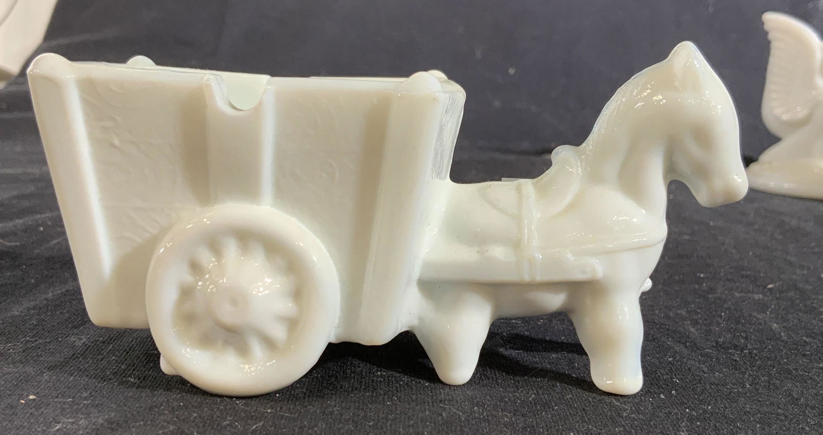 Group Animal Figural Milk Glass Tableware: Donkey pulling a cart, two pig Figurals, duck and owl with spread wings ht app 3,5 inches, vessels, bowls, condiment dishes, toothpick holders, collectible milk glass, tableware, tabletop decor