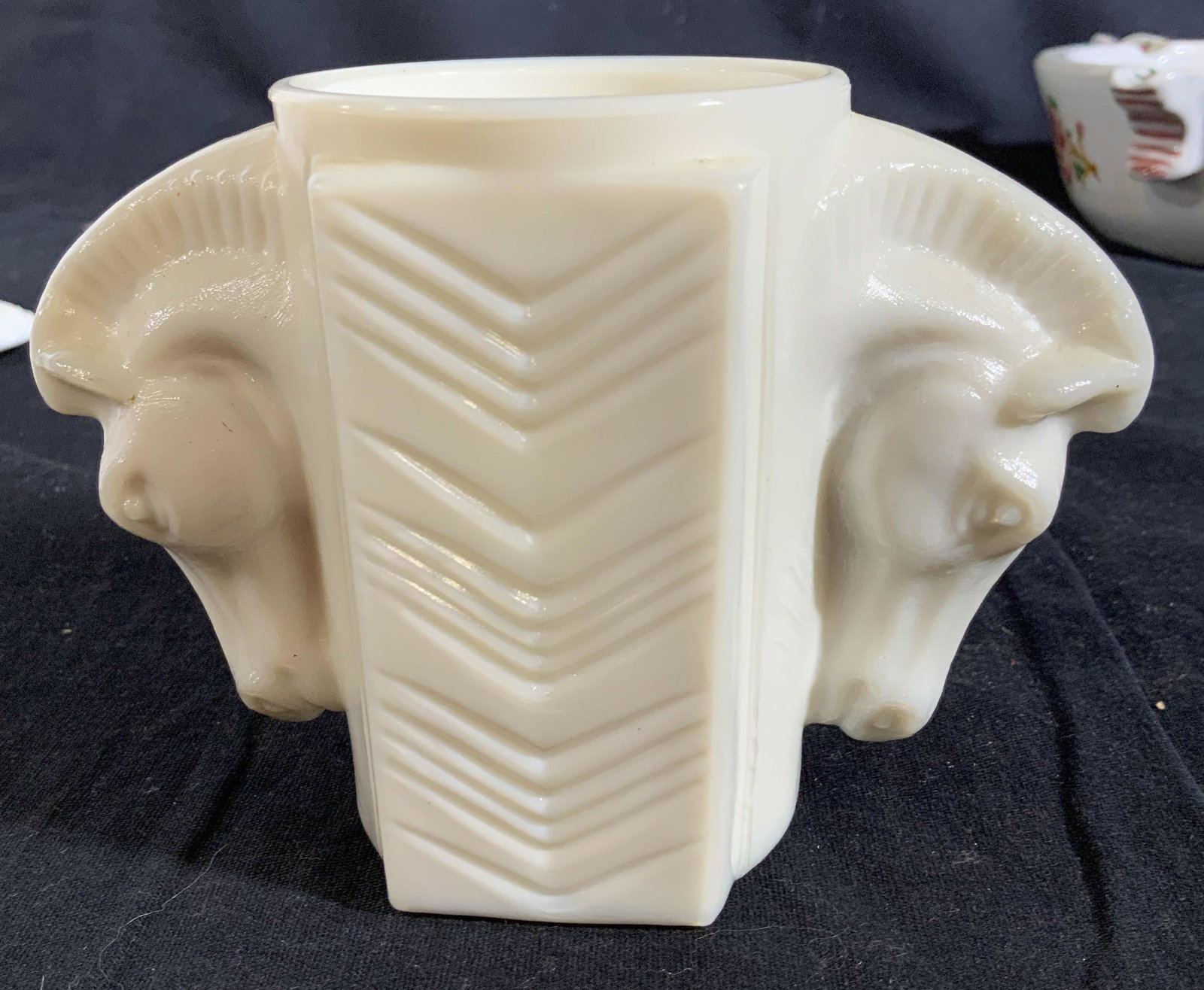 Group Lot Collectible Milk Glass: Boot and shoe vessels, painted bowl, horse themed trinket box, horse themed vase measures ht 4 inches, bowl diameter app 7 inches, collectible tableware, tabletop accessories.
