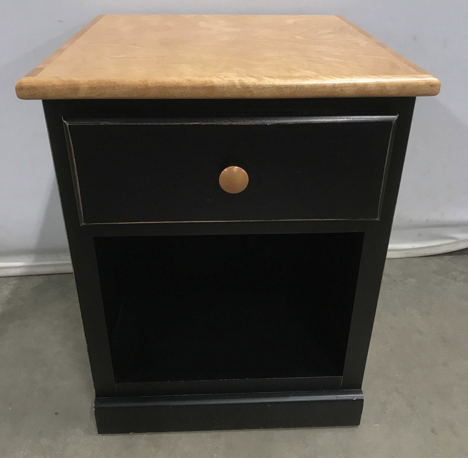 Country Willow Single Drawer Night Table: Night stand, bedside table, end table, side table, deep tease toned wood sides, single drawer, light wood top and knob, property of Wilton Conn Estate, measures ht 25 inches top 19.5 by 20 inches, goo