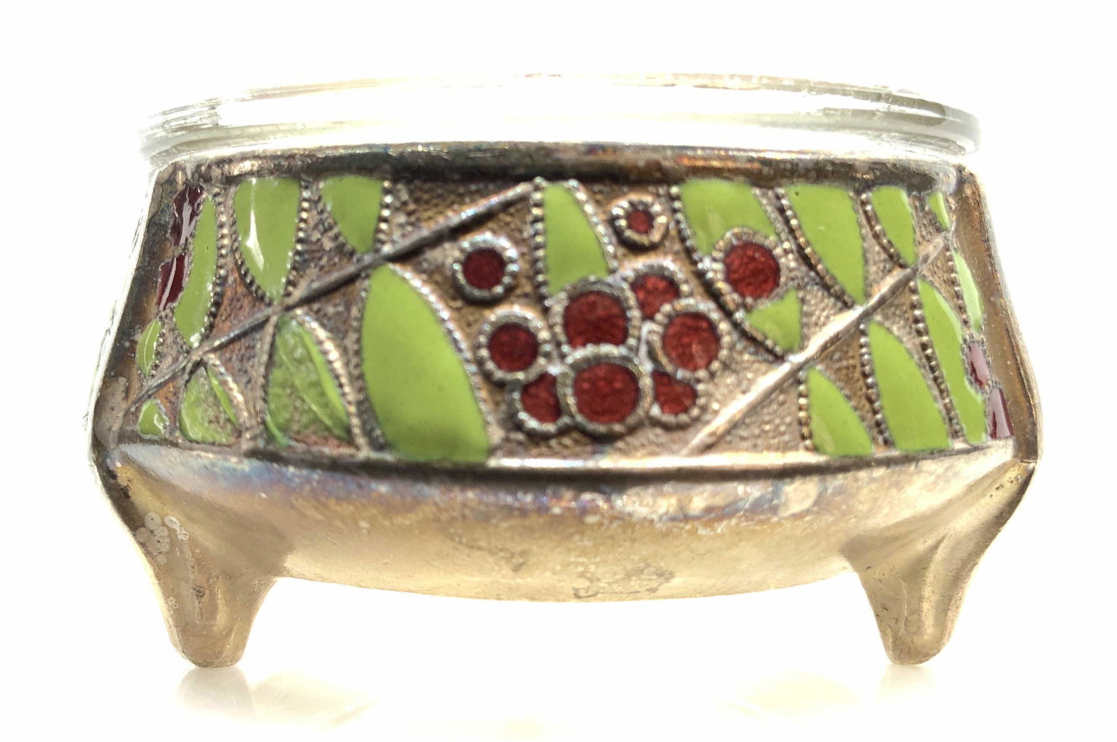 Signed Vintage cloisonne footed Condiment Bowl: Signed Table ware, condiment dish, tableware, mustard dish, tabletop accessories, silver toned and enamel frame, fitted glass inset, measures 3 inches diameter, continental, signed illegibly,