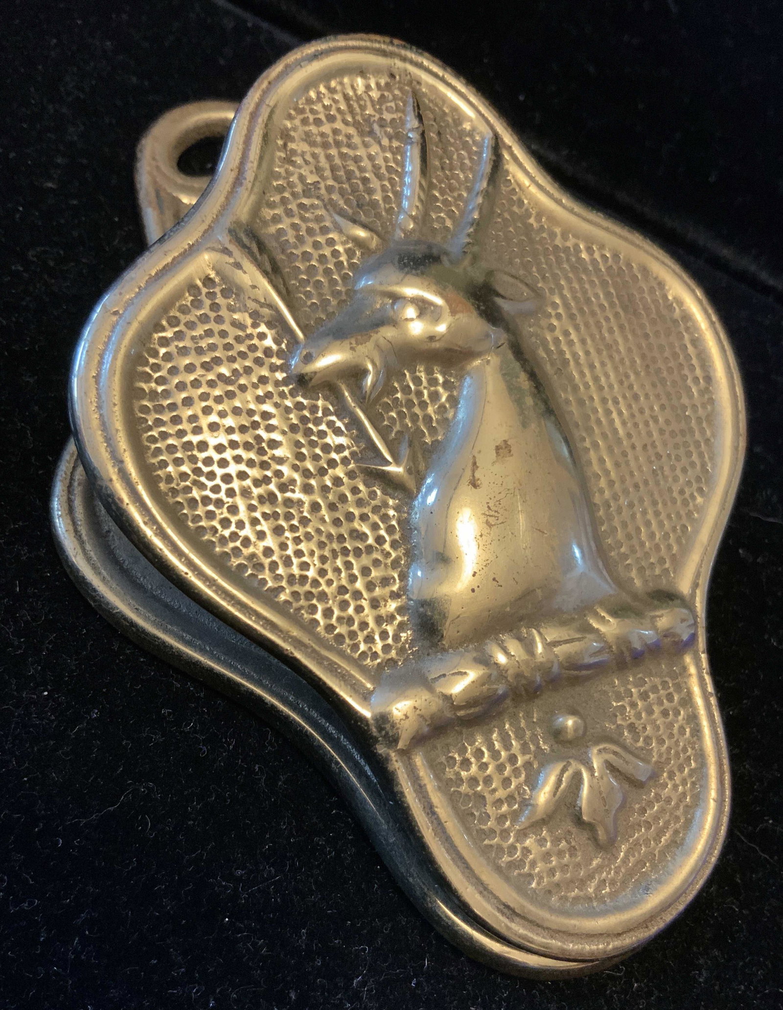 Signed Trademarked Gold Toned Ram Paperweight/clip: Desk top collectible, paper weight and paper clip form, rams head in Relief, signed Randolph with trademark, signed Williamsburg, other words illegible, measures app 5 by 3 inches
