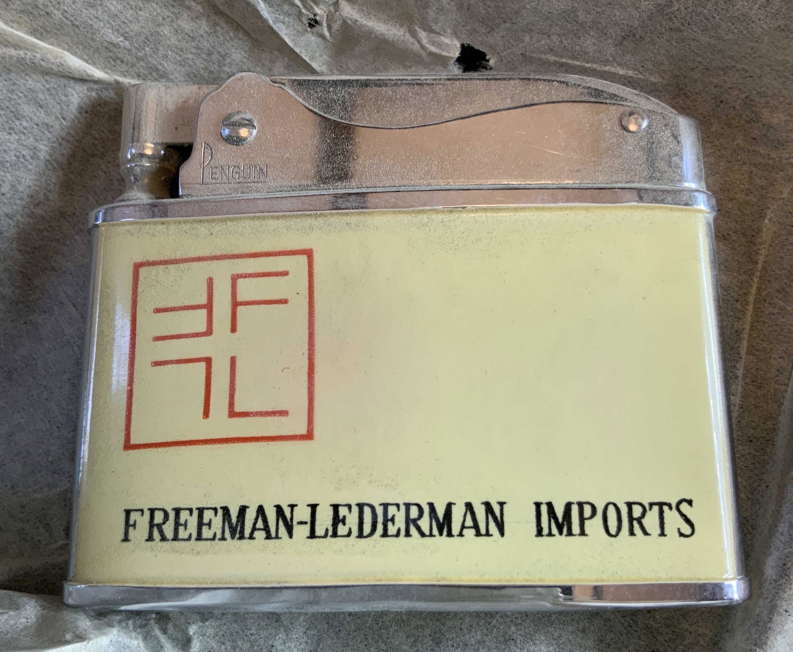 Set 5 never opened Boxed Penguin Lighters: Set of five, vintage collectible lighters, marked for Penguin, wrapped in tissue, in original boxes , each box measures 2.5/inches, Freeman Lederman inpoerts, chrome and enamel,collectibles, desk top 