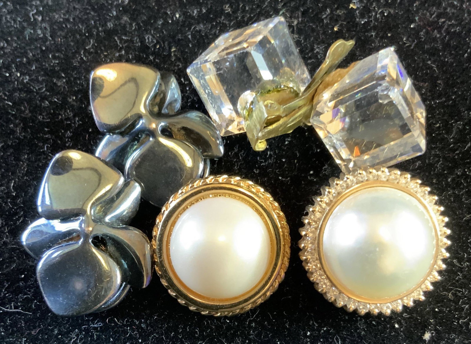 Sterling Silver Earrings and more: Three sets of earrings iris pair marked Sterling, button earrings marked Carolee bear pair, and glass square cube earrings, estate jewelry, vintage jewelry, clip earrings, three pairs earrings