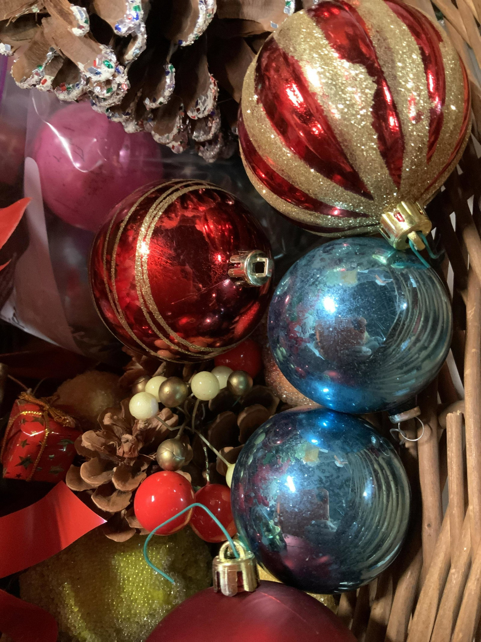 Box Lot Holiday Ornaments: Large storage box filled with Vintage Christmas ornaments, glass balls in silver green blue and red, some solid colors, some with design, vintage collectible Christmas, decorations, holiday decor, fel