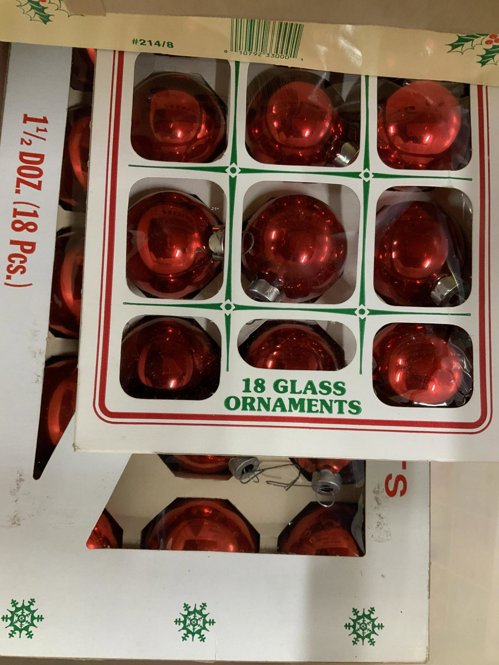 Tub of vintage Red Ornaments Christmas: holiday decor, Christmas ornaments, red glass balls in original packaging boxes, 7 boxes, tub w lid included