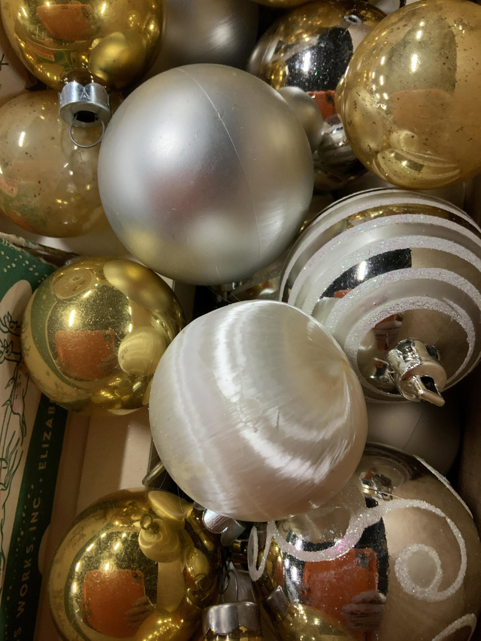 Metallic glass vintage ornaments: Box measures 10.5 inches ht 16 by 13 inches, filled with vintage glass ornaments, Christmas ornaments, holiday decorations, silver toned balls vintage glass Christmas ornaments, gold toned balls, silv