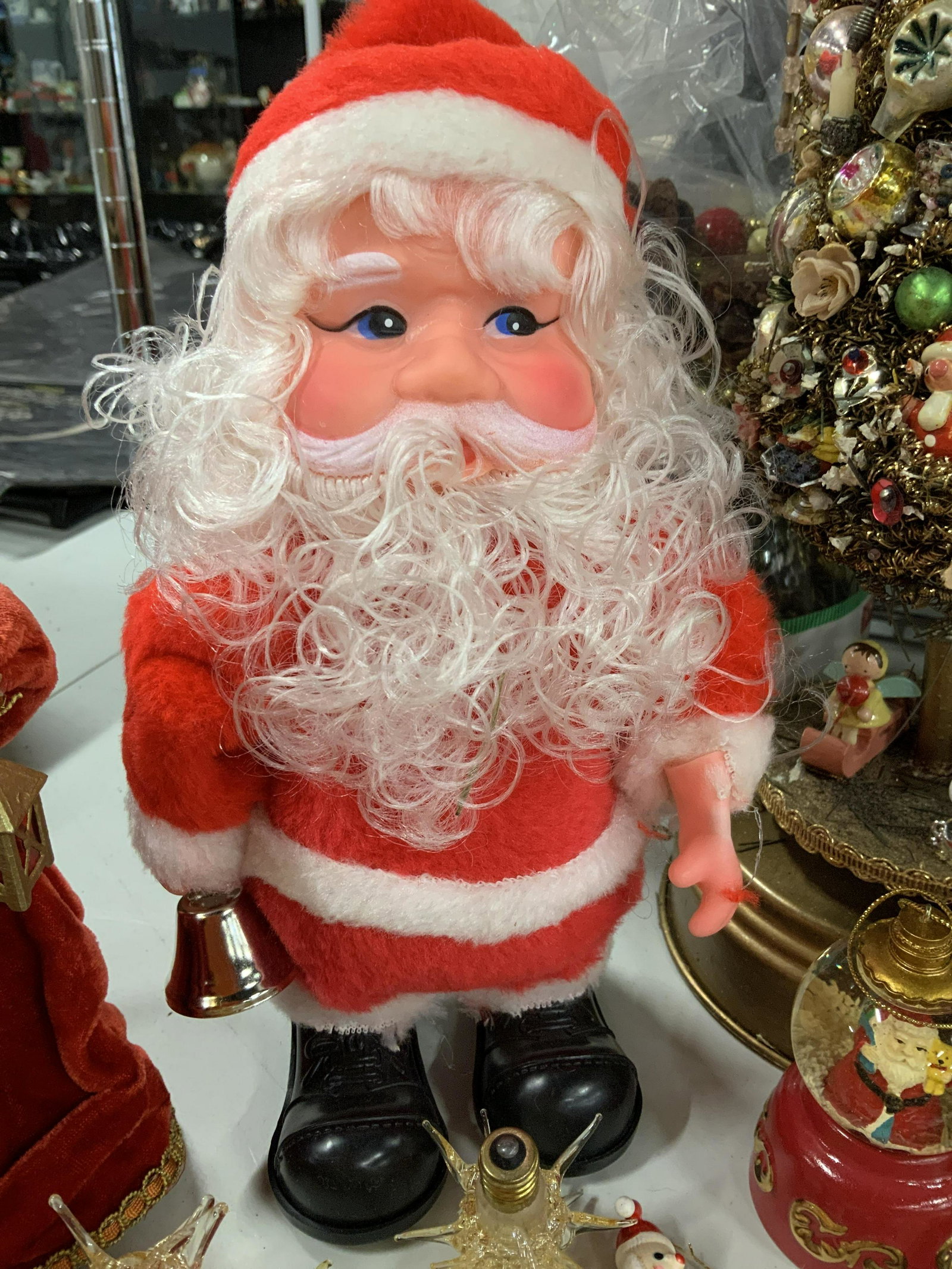 Group Lot Vintage Christmas Decorations: Hand made tree adorned with mini ornaments height app 15 inches may harp each working music box attached, angel tree toppers, , sparkly gold and silver Christmas trees, dancing Santa clause, glass cry