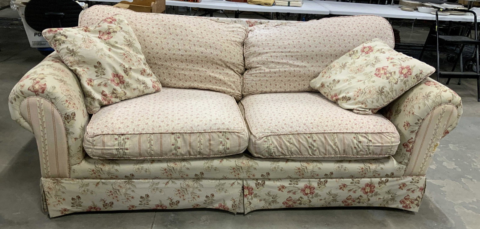 Shabby Chic Style Upholstered Sofa: Hickory hill sofa, Fabric has some wear at arms, over stuffed sofa in country decor style, measures length 81 inches depth 41 inches ht 35 inches, sofa, couch, seating, home furnishings