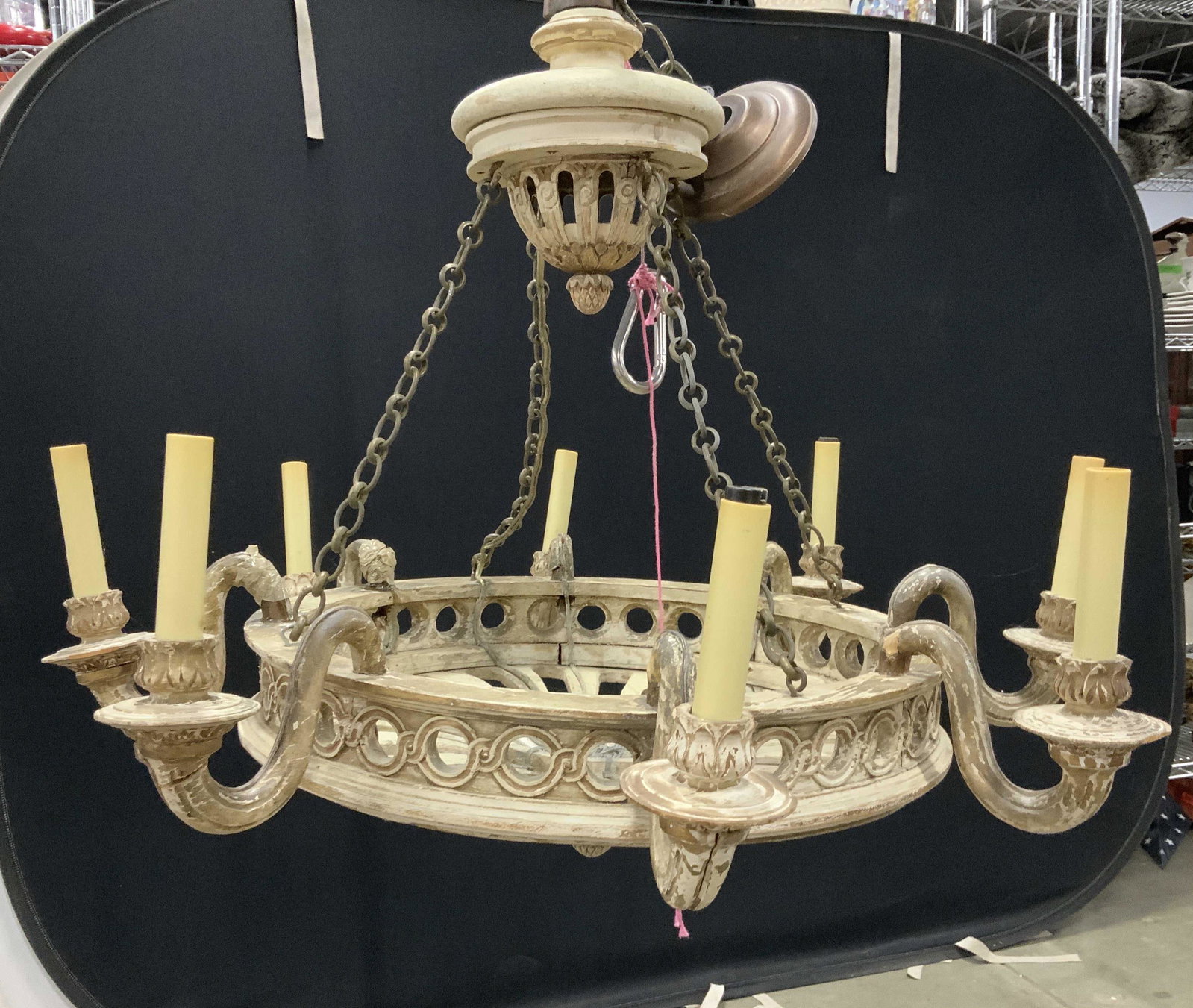 Carved Wood Wagon Wheel Chandelier, 8 arm: Ceiling fixture, light fixture, chandelier, home furnishings, home lighting, caved wooden wagon wheel shape with scrolled arms, , 8 arms, 8 lights, measures diameter app 29 inches, ht to canary as sho