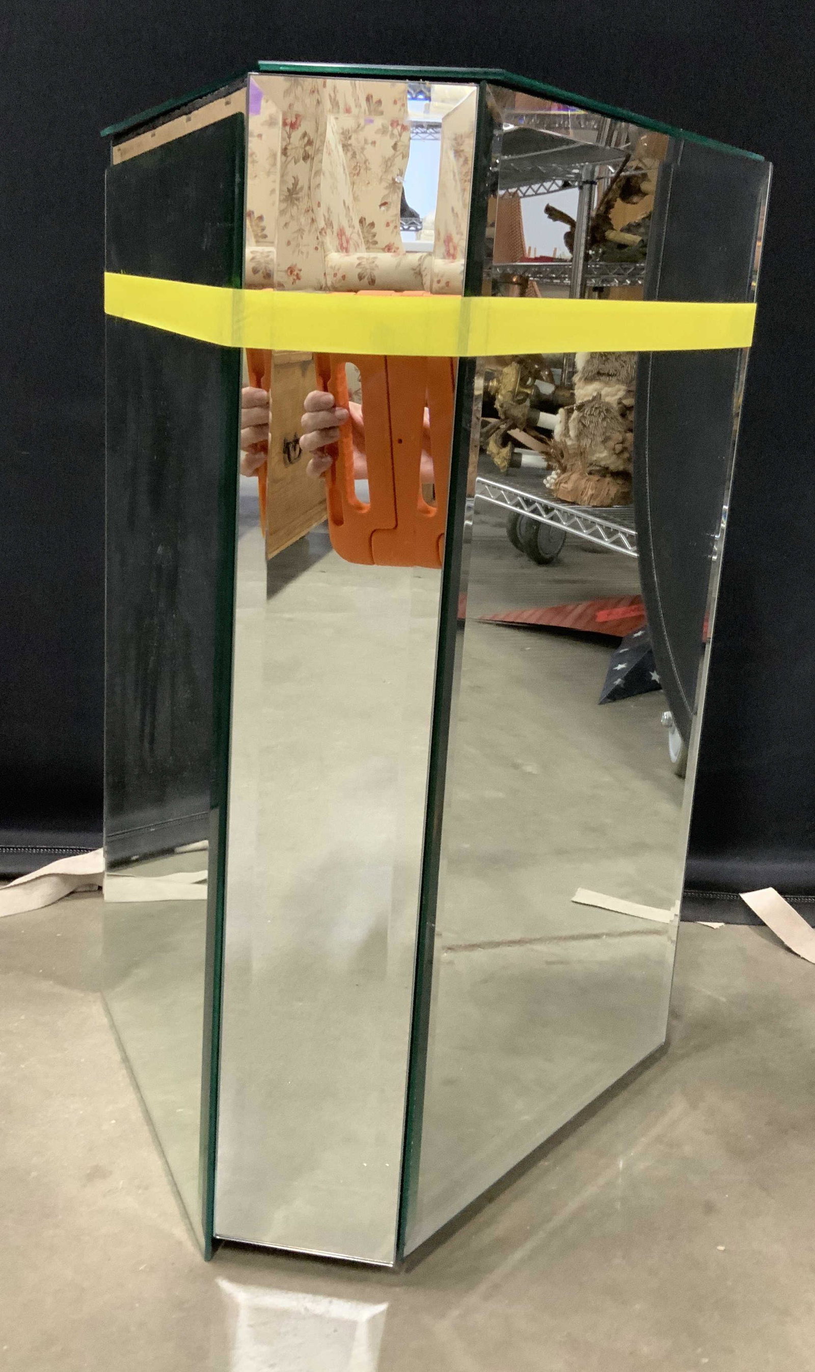 Triangular Mirrored Side Table Stand: Triangular shaped table, home furnishings and accessories, end table, side table , or plant stand display stand, one side mirror needs re attachment, all mirrored sides are beveled, measures ht 24 inc