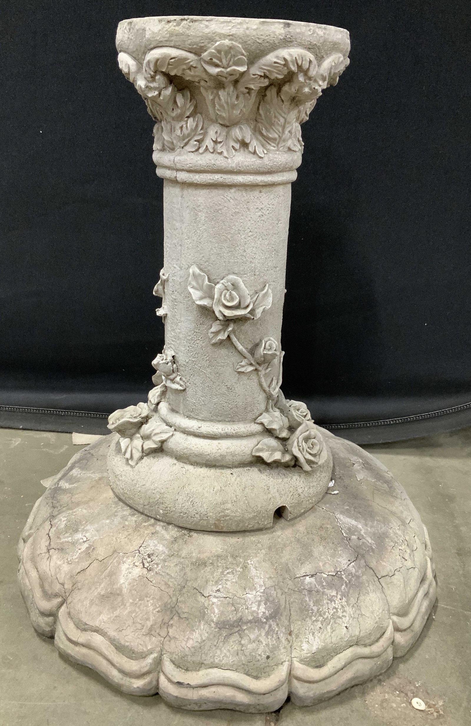 Composite 3 Piece Outdoor Pedestal: Garden statuary, three pieces, base circular diameter 16 inches, column with flower vine relief ht app 14 inches, and top portion planter, plant stand or bird bath possibly measures 10 inches, total h