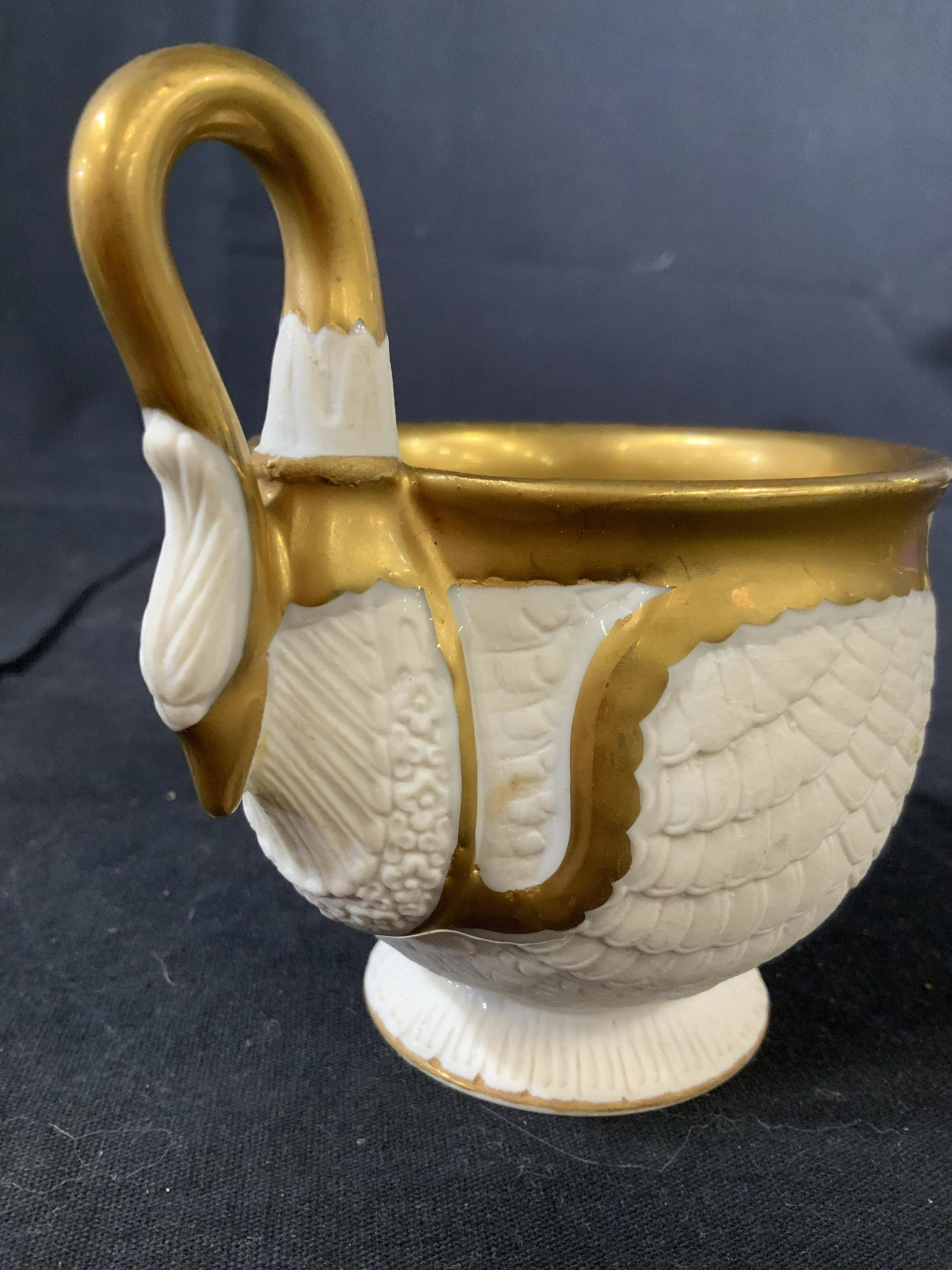 Gold tn White Porcelain Swan Cup: Antique or vintage porcelain cup trademarked underside, anchor, possibly Ernst Bohne & Söhne. measures app 4 inches ht 4 inches diameter, cup, vessel, tableware