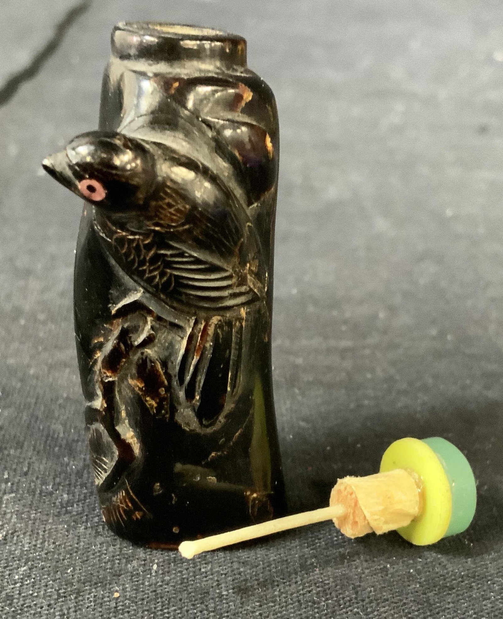 Asian Bird Motif Snuff Bottle: Chinoiserie, appears to be carved wood bottle with bird on branch relief and glass topped stopper, Asian arts and crafts, collectible snuff bottle, tableware, tabletop decor, collectible