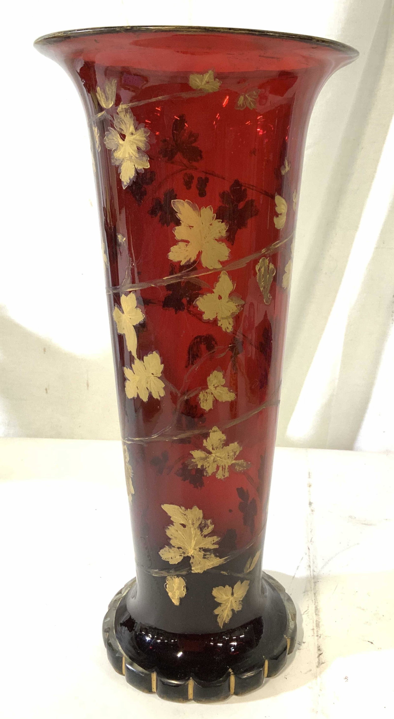 Cranberry with Gold tone, Art Glass Vessel: Vase, decorative arts, tableware, tabletop decor, art glass, hole underside possibly once a lamp, red glass with hand painted gold leaves and vines, some wear to gold, measures ht 16 inches diameter a