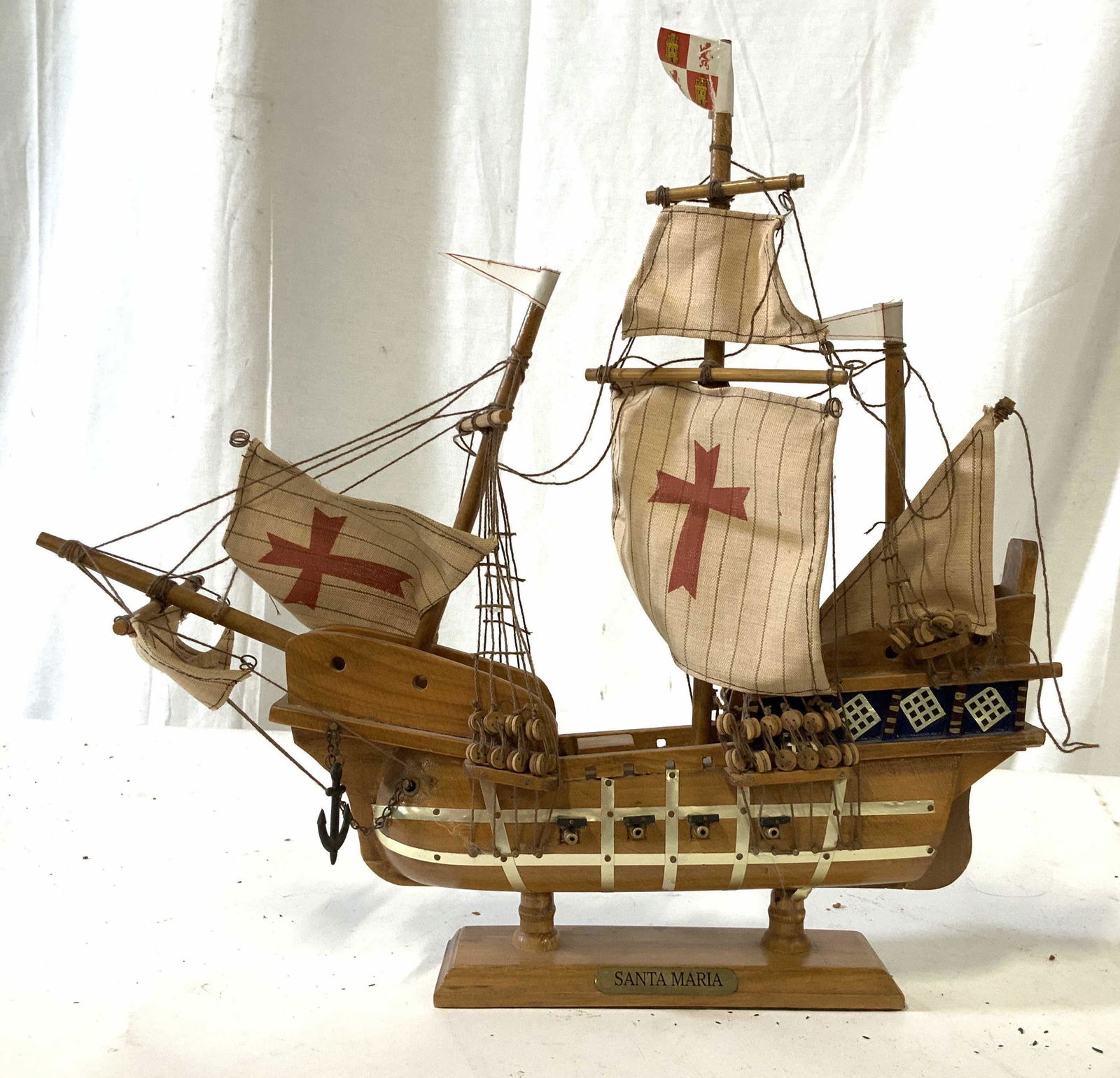 Wood, Brass, Fabric Santa Maria Ship Model: Model ship brass plaque labeled Santa Maria, needs some repair, vintage model ship, measures ht app 14 .5 inches length app 17 inches, arts and crafts, decorative accessory, Christopher Columbus, mari