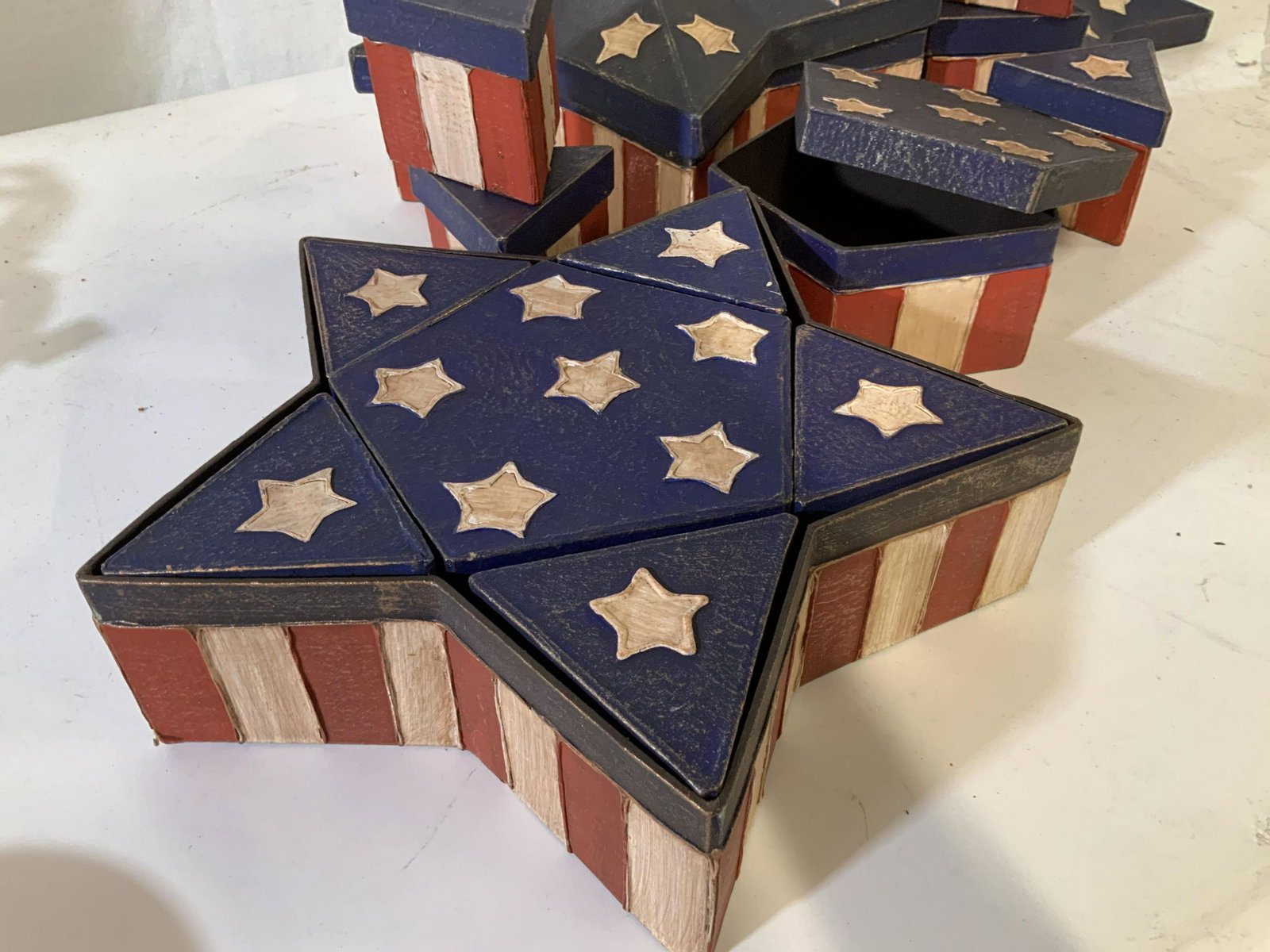 Lot 2 Red White Blue Star Boxes: 2 sets, Vintage flag colored boxes shape of Star large box ht 6 inches, diameter 13 inches, opens to fit 6 additional star themed red white and blue boxes, us flag, americana, vintage red white and bl