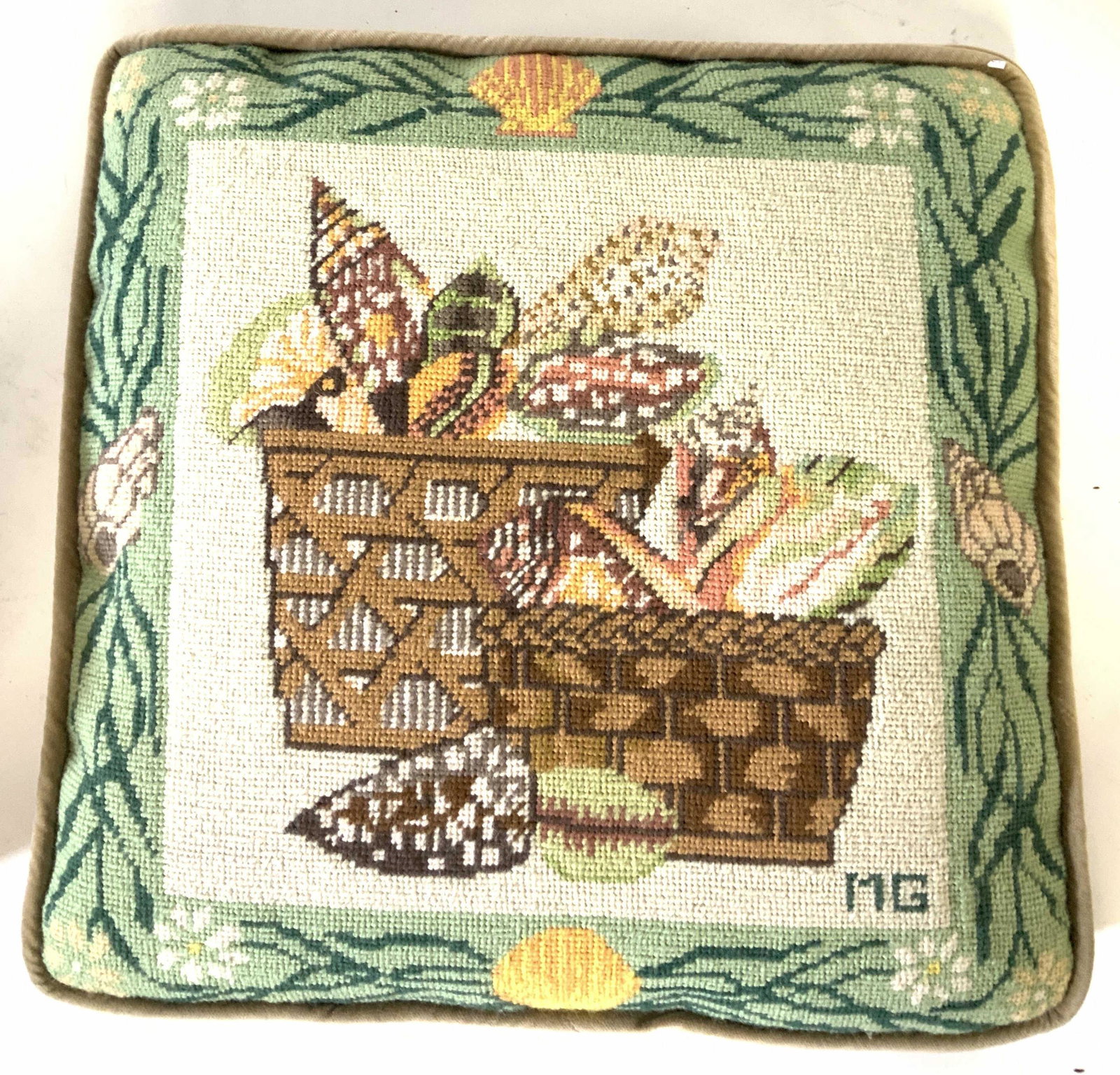 Vintage Hand Made Needle Point Toss Pillow: Signed with initials lower right MG, baskets vegetables and sea shells, needlepoint throw pillow, toss pillow, decorative accessory, arts and crafts, measures app 14 inches square