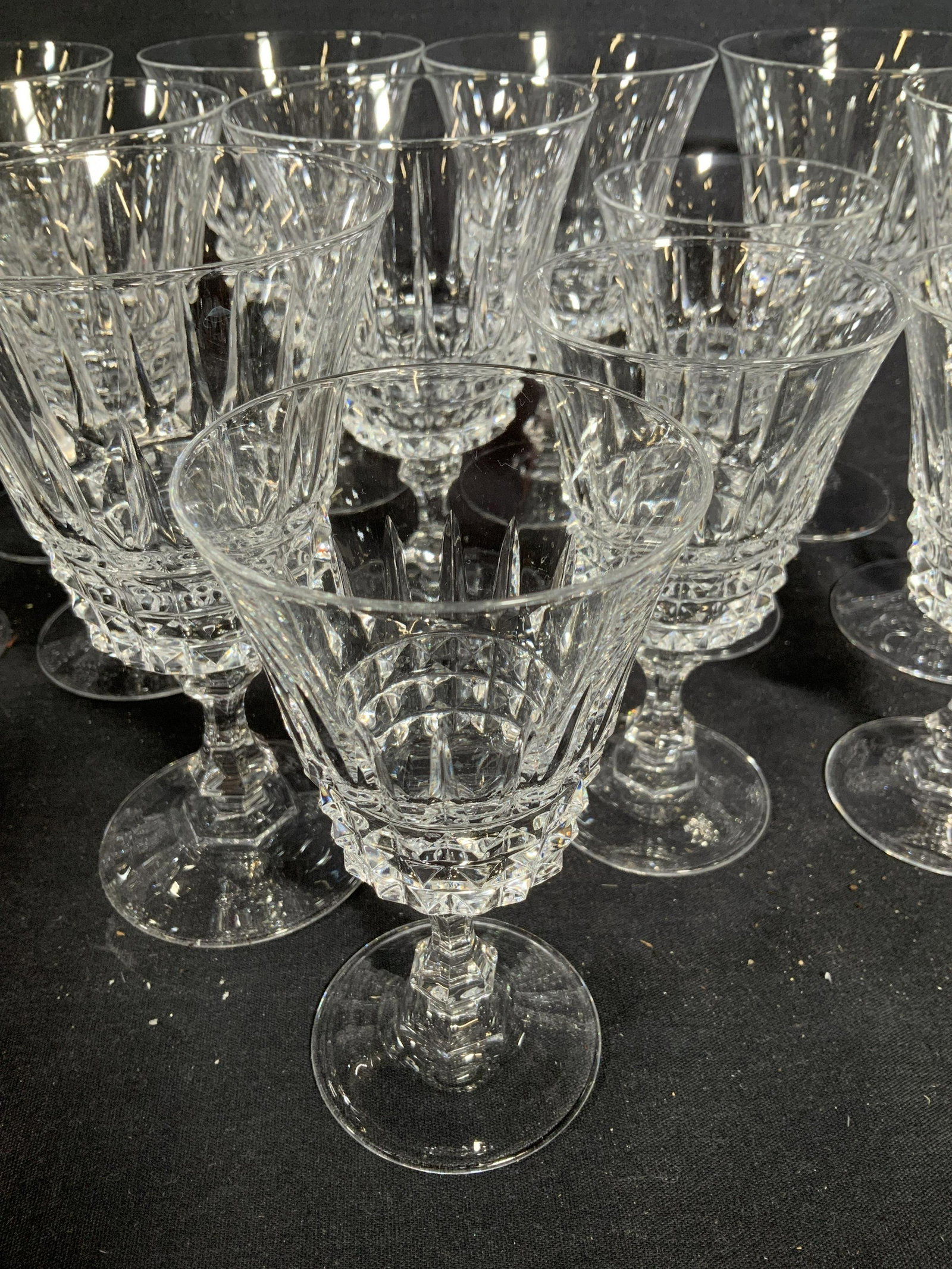 Set 19 W.M.Dalton French Crystal Stemware: Good condition, two new in box, set includes 9 wine glasses unit no 2 and 10 water glasses ht 6.5 inches, French lead crystal stemware, table ware, home decor, collectible French crystal, good conditi