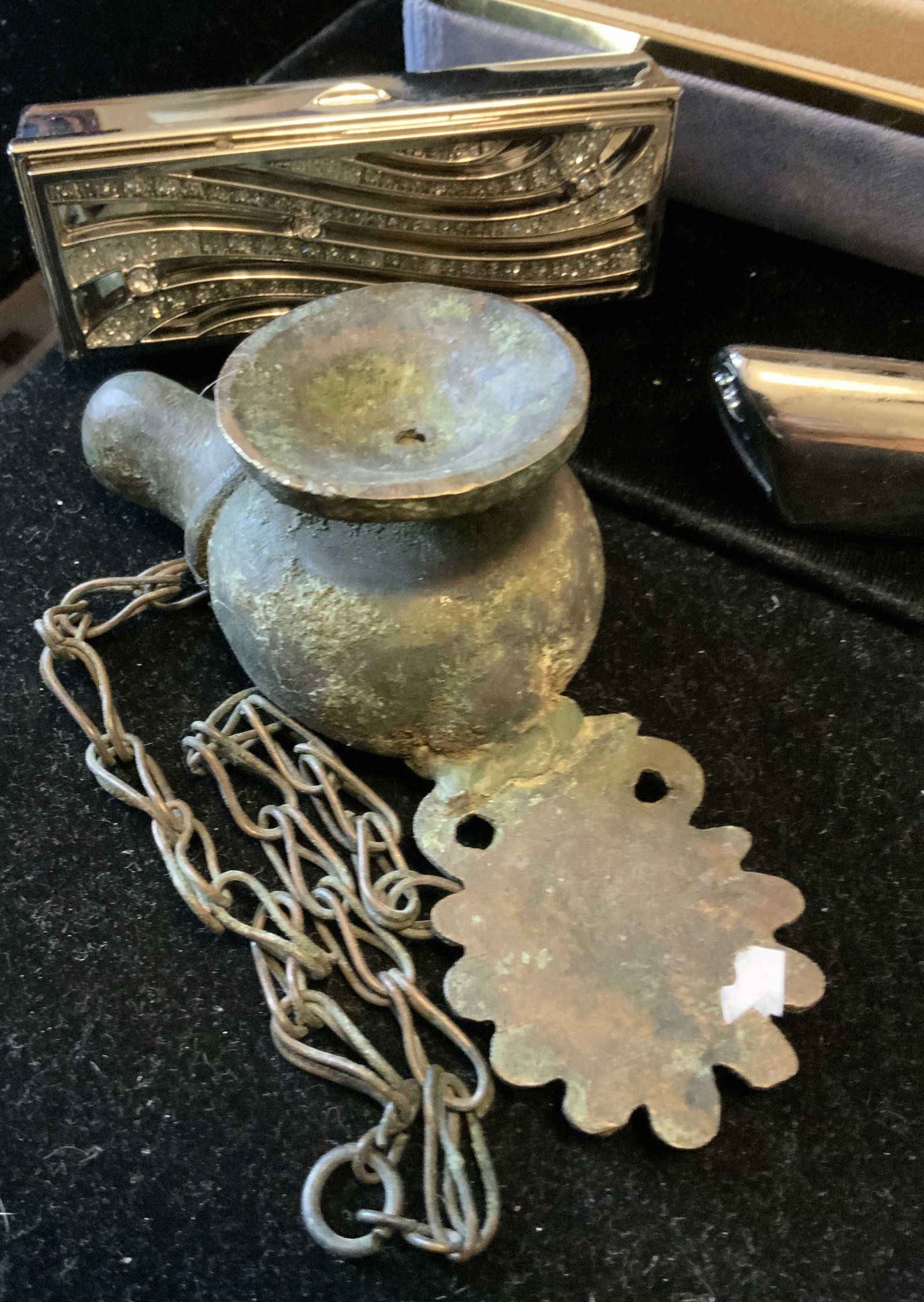 Vintage Tabletop Accessories: Collectibles include men’s jewelry box velvet and brass measures ht 3 inches, top 5 inches square, blue vintage jewelry box, hand mirror with mother and child, chrome perfume dispenser, chrome lipst