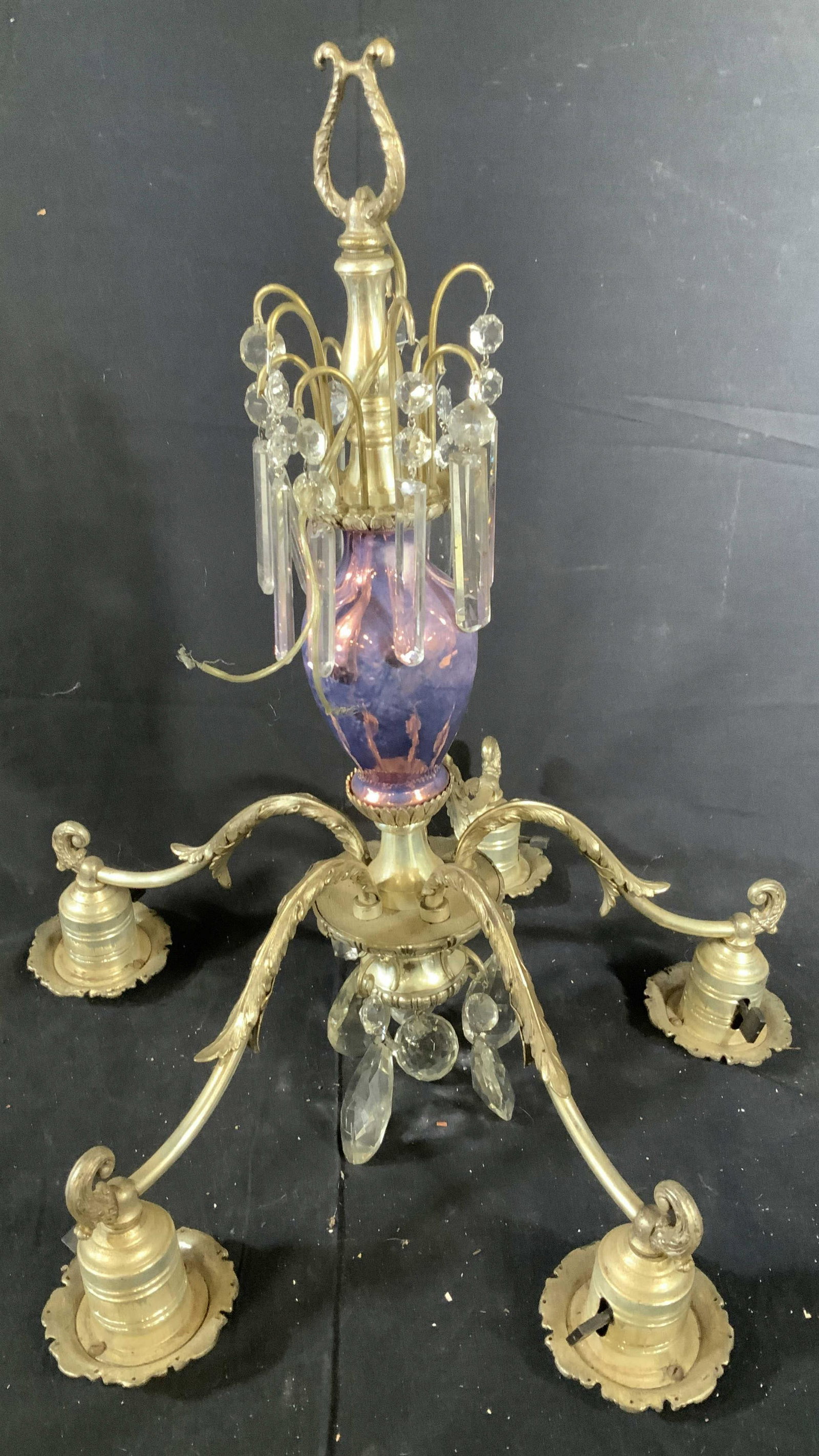 Silver Toned Crystal Mercury Glass Chandelier: Vintage possibly antique, chandelier, light fixture, 5 scrolled arms, Crystal prisms on three levels, center piece is multi violet toned mercury glass, measures ht 22 inches, diameter 22 inches, home 