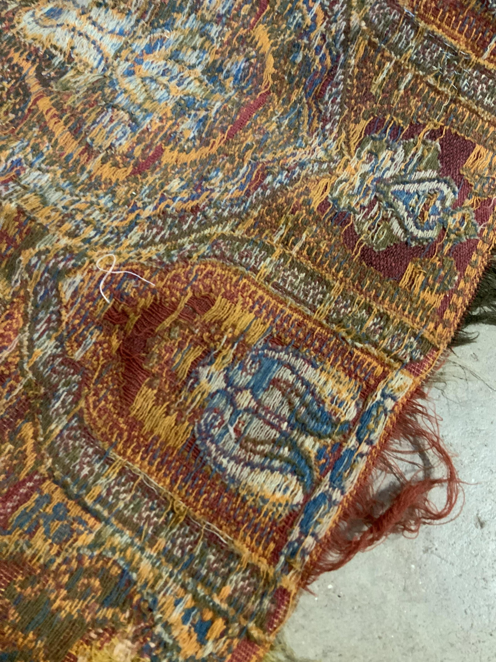Vintage Paisley Textile Tapestry Shawl: Has wear, up cycle pillows, table cloth, decorative accessory, blanket, textile arts and crafts, draping, measures app 60 inches by 62 inches, has wear and holes