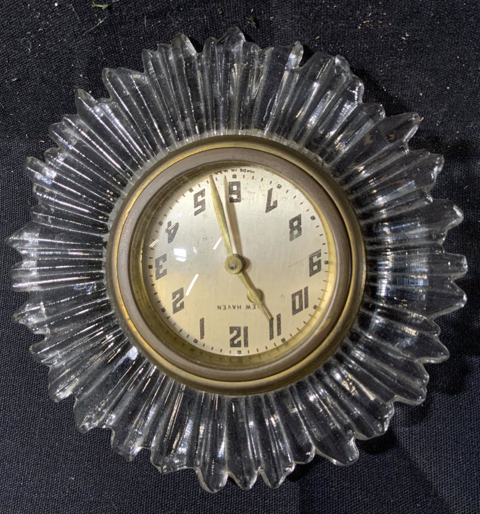 Vintage New Haven Sunburst Desk Clock: Glass cut in Sunburst Pattern, face marked New Haven, alarm clock, desk clock, home decor, diameter app 5 inches