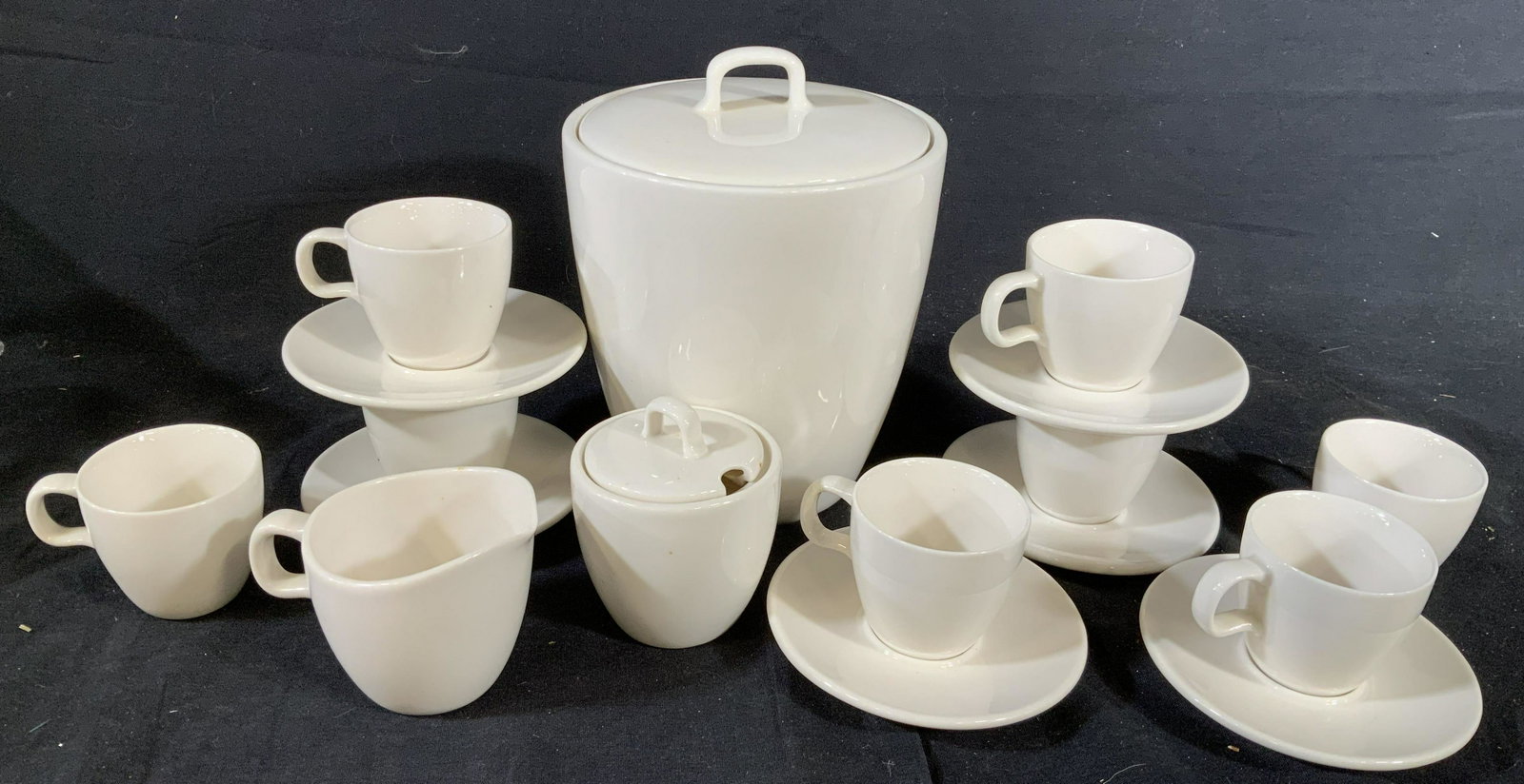 Starbucks At Home Table Ware: Porcelain lidded cookie jar height app 9 inches, storage for coffee beans or ground coffee canister, sugar, creamer, 8 coffee cups, 6 saucers, coffee service from Starbucks at home collection, tablewa