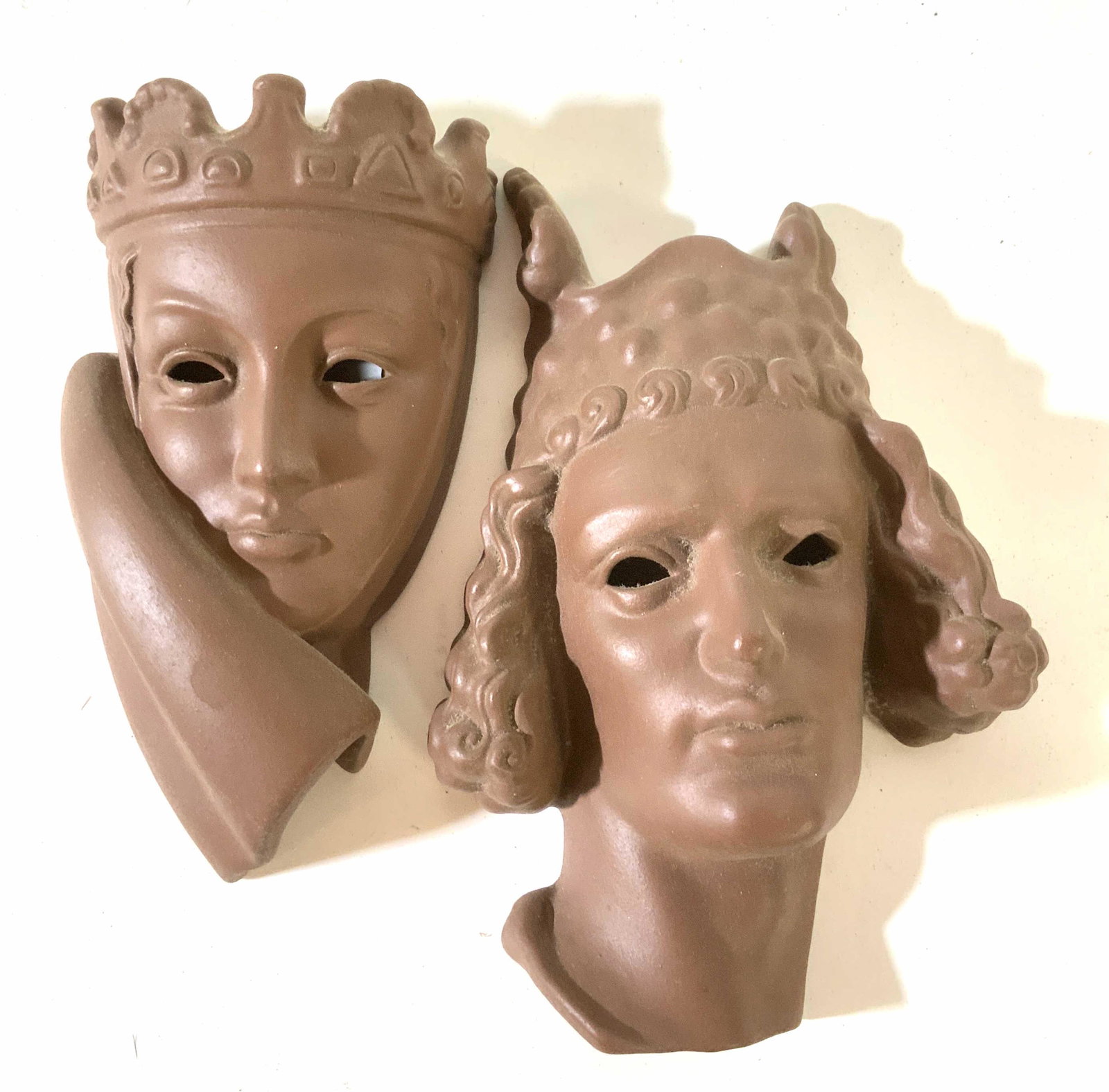 Pair Ceramic King Queen Heads: Wall mountable, ceramic reliefs of king and of queen, each measures ht 7.5 inches, decorative accessories, medieval style accessories, wall plaques, home decor, wall furnishings