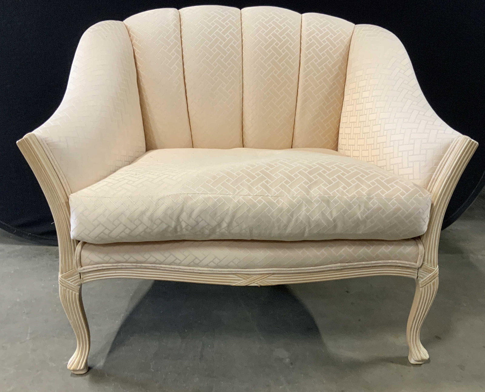 KREISS Faux Bois Wood Framed upholstered Setee: Channel stitched back loose pillow seat, light wood faux Bois frame, settee, love seat, bench, divan measures ht 38 Inches, width 45 inches depth 31 inches, KREISS luxury D and D building showroom New