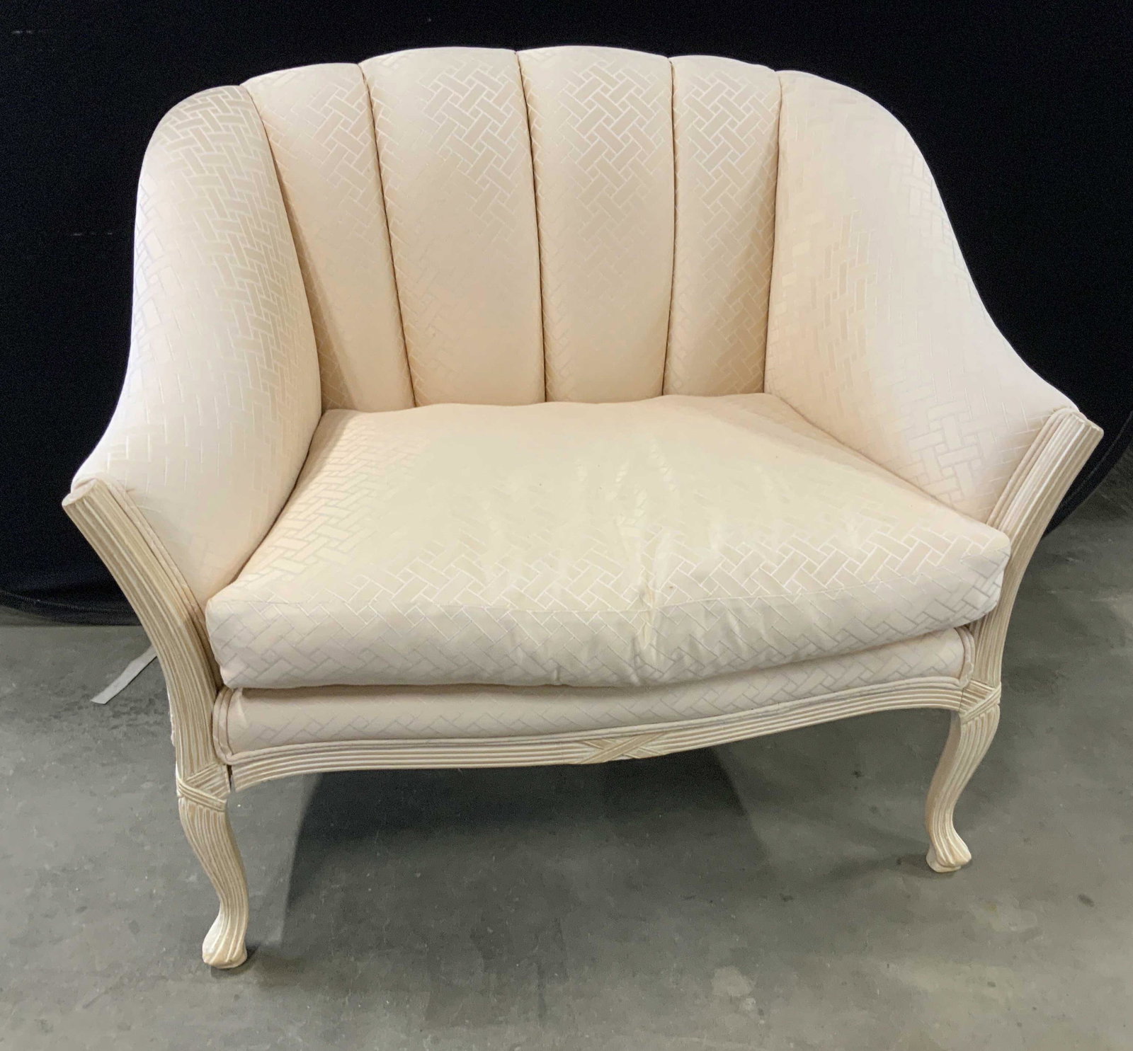 KREISS faux Bois Wood Framed Upholstered Setee: Channel stitched back loose pillow seat, light wood faux Bois frame, settee, love seat, bench, divan measures ht 38 Inches, width 45 inches depth 31 inches, KRIESS lyxury D and D building showroom New